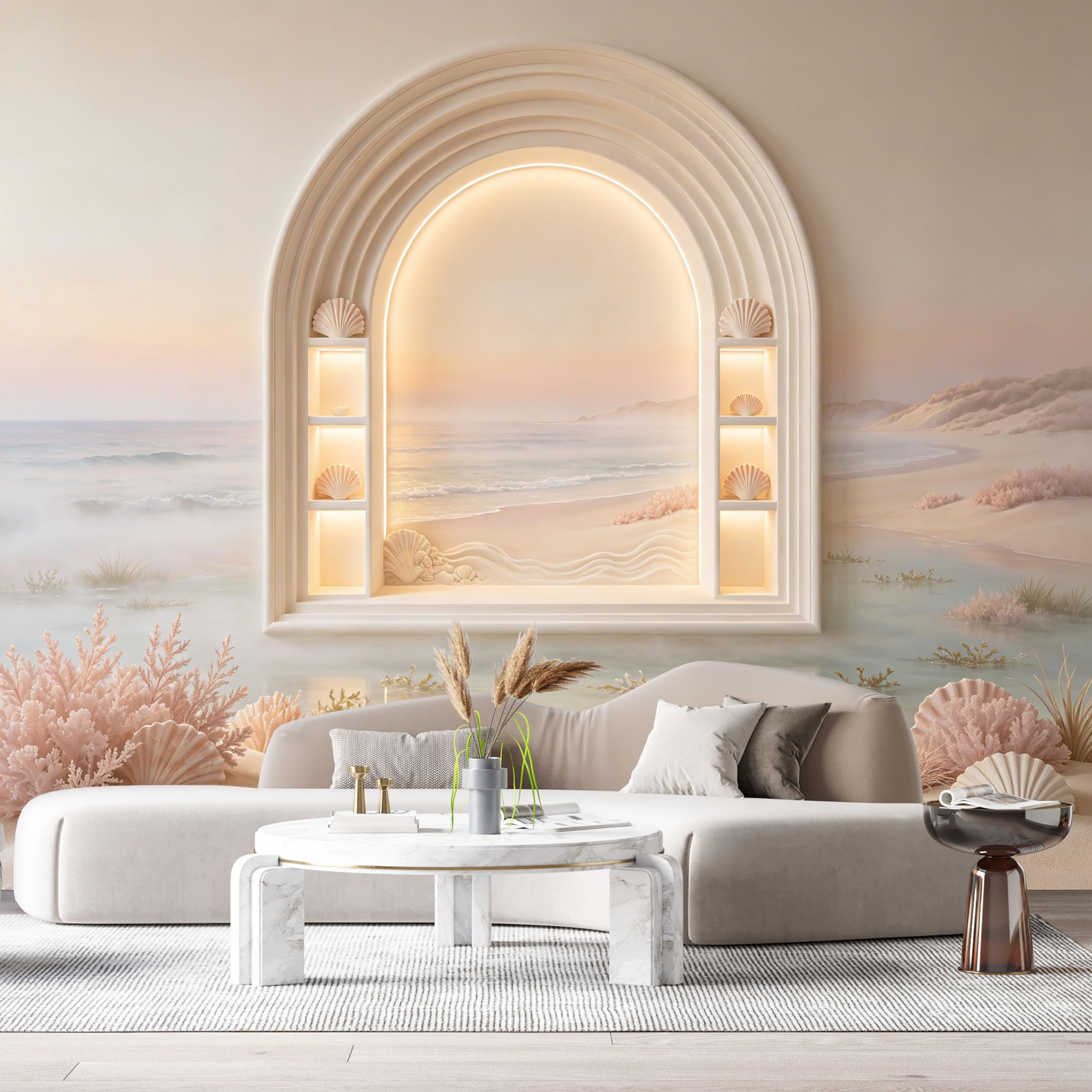 Custom Size Wall Murals Coastal Ocean Marine Arch Shell 3D Trompe L'Oeil SelfAdhesiveWall Fabric Removable Wallpaper Wall Decor for Living Room Bedroom Bathroom