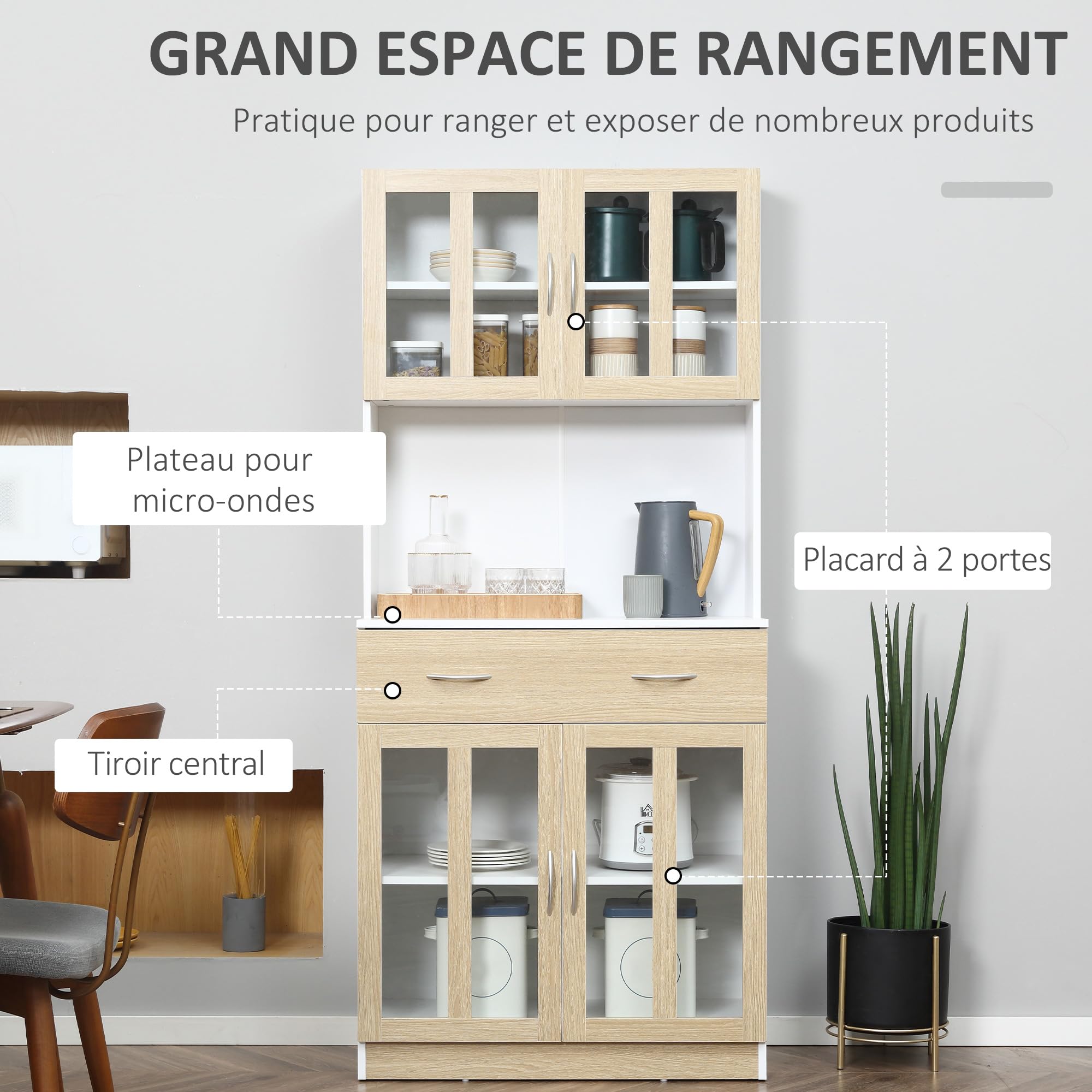 HOMCOM Buffet Haut de Cuisine Multi-Rangement Blanc Aspect chêne Clair