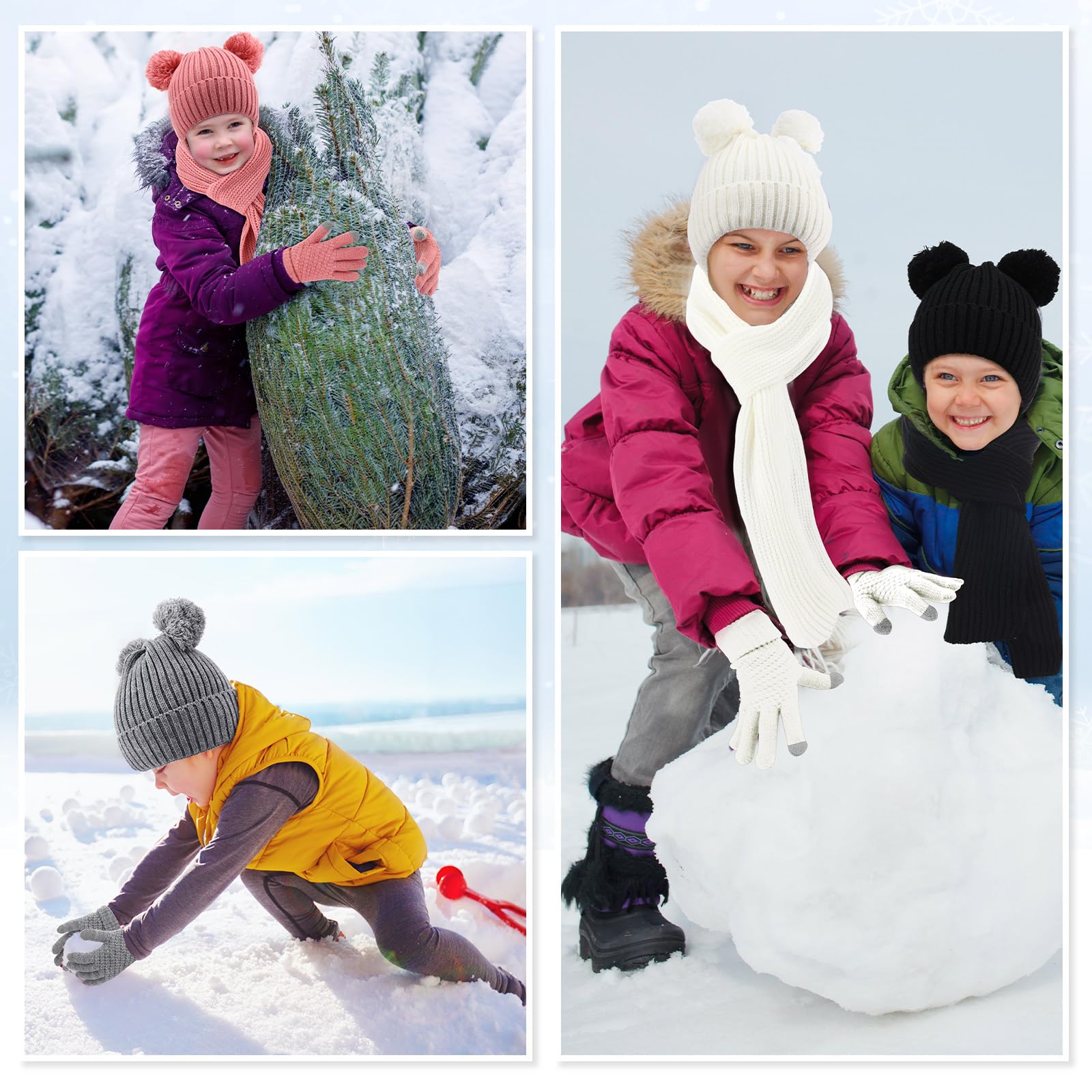 Geyoga - 12 Stück Kinder-Winterhandschuhe 1–6 Jahre alte Jungen Mädchen Strickmütze mit Pompons Nackenwärmer