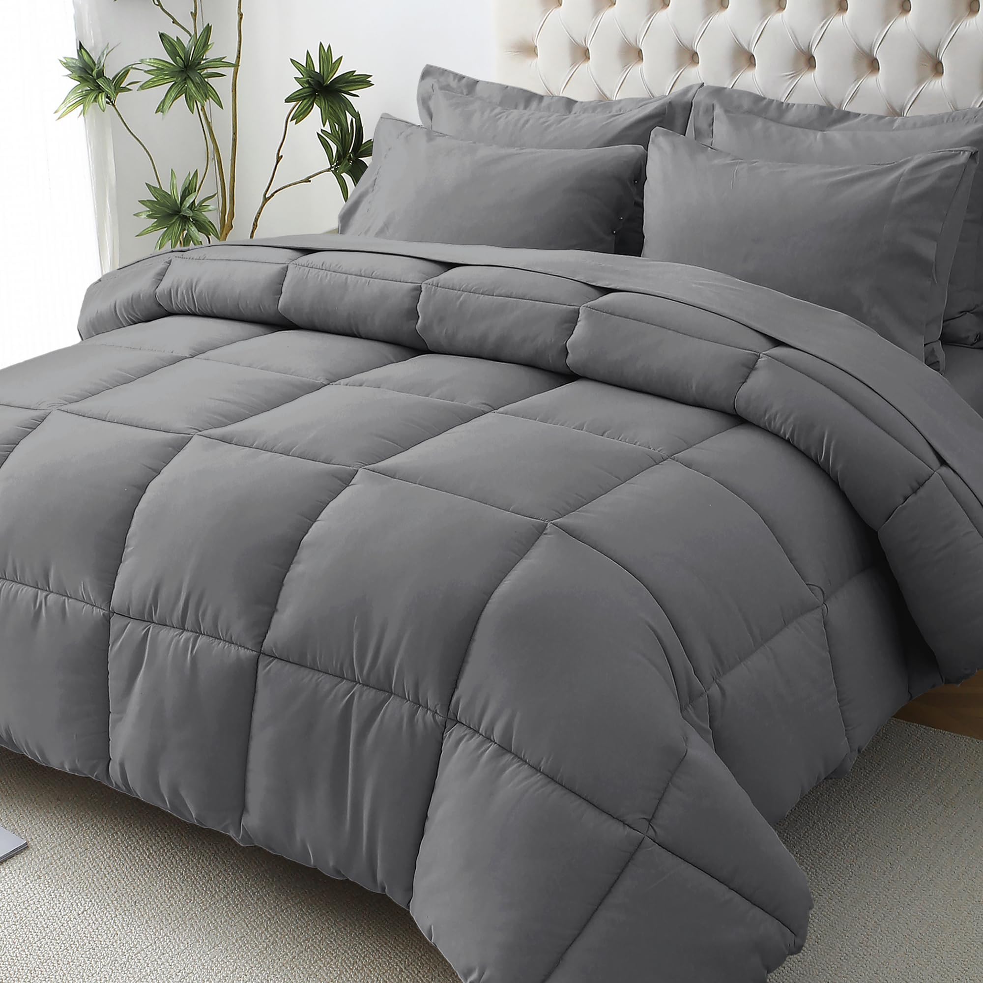 JOLLYVOGUE Queen Comforter Set 7 Pieces - Bed in a Bag Ultra-Soft - Goose Down Alternative - Premium 1802 Series with Comforter, Sheets, Shams & Pillowcases (Queen, Dark Grey)