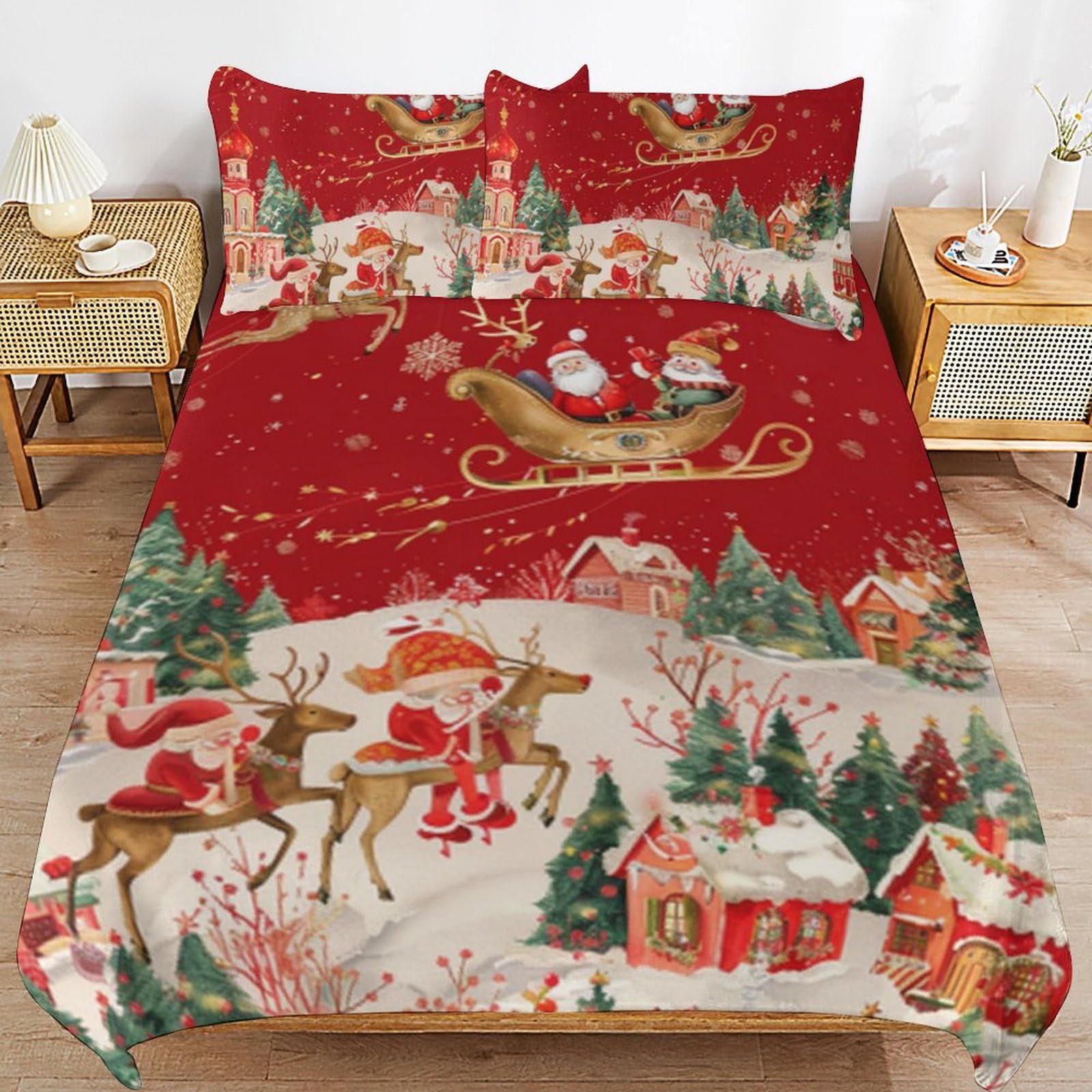 Parure de lit de Noël 135x200 cm housse couette microfibre élan Père Noël