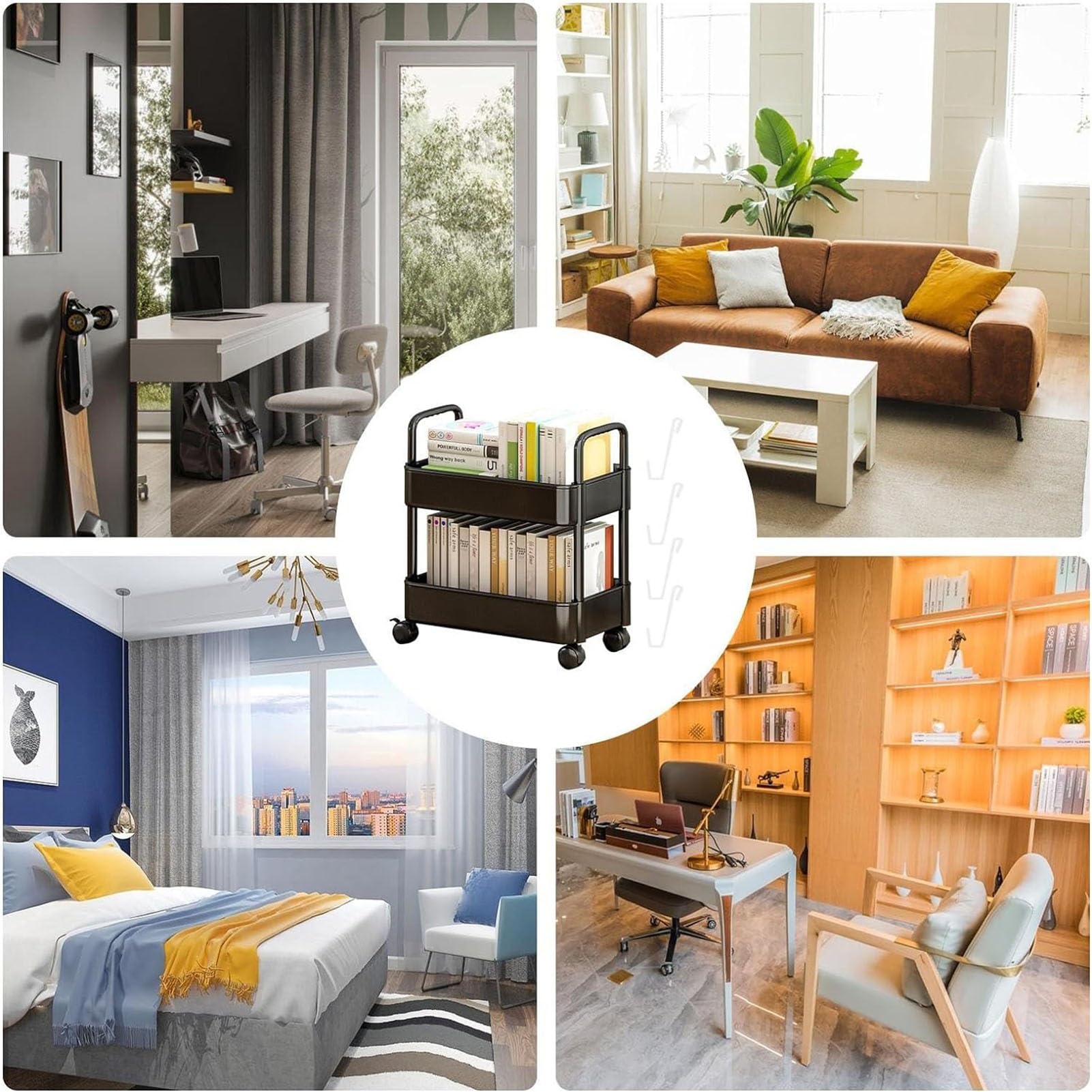 Carrito multifuncional de plástico de 3 niveles con ganchos para cocina, baño, oficina, versátil carrito utilitario en colores elegantes