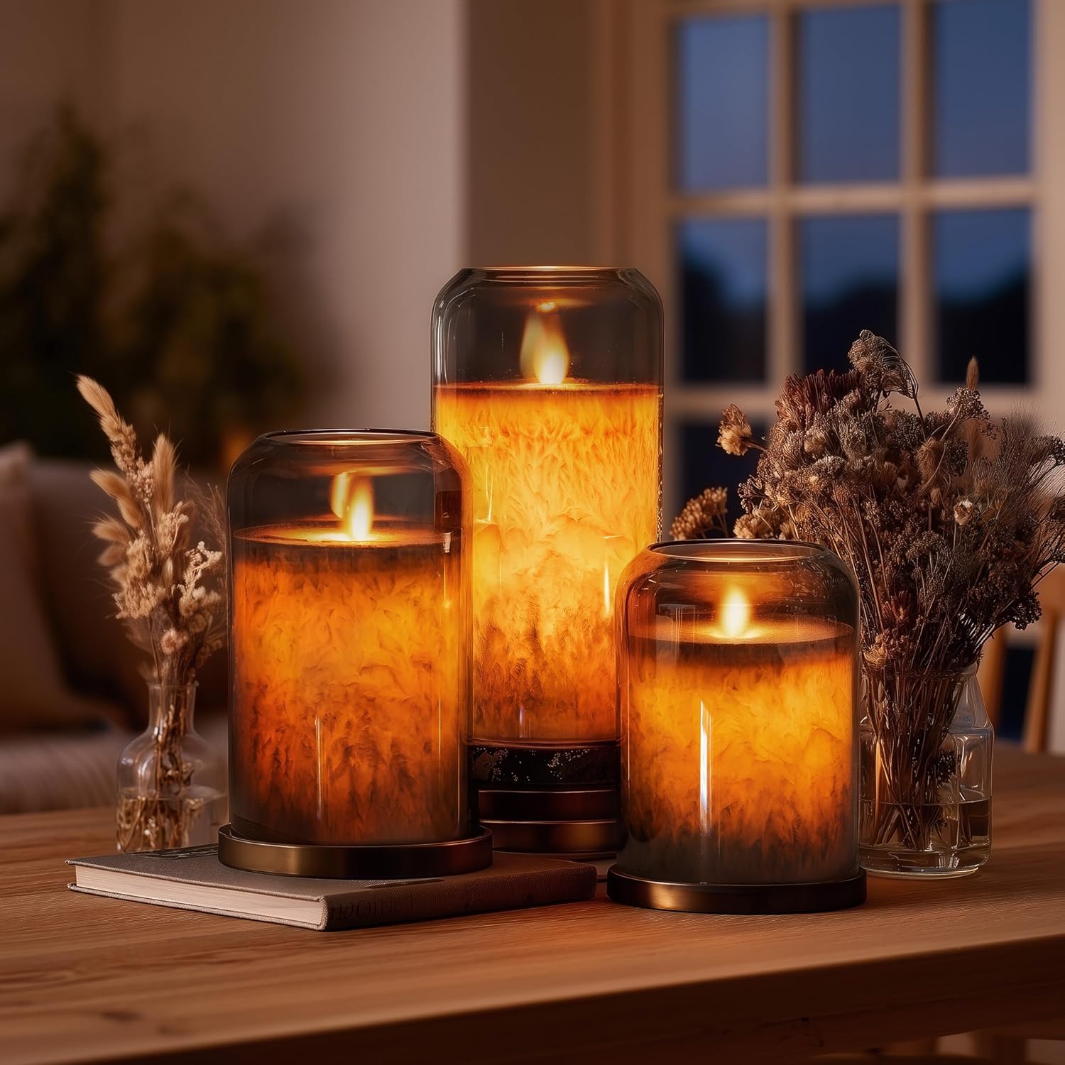 Round Hurricane Dual LED Full Body Glow w/Metallic Mirrored Tinted Glass Mottled Crystallized Frosted Texture Pillar Candles, 3D Wick, Battery Operated, Remote & Timer (Set of 3, Silver)