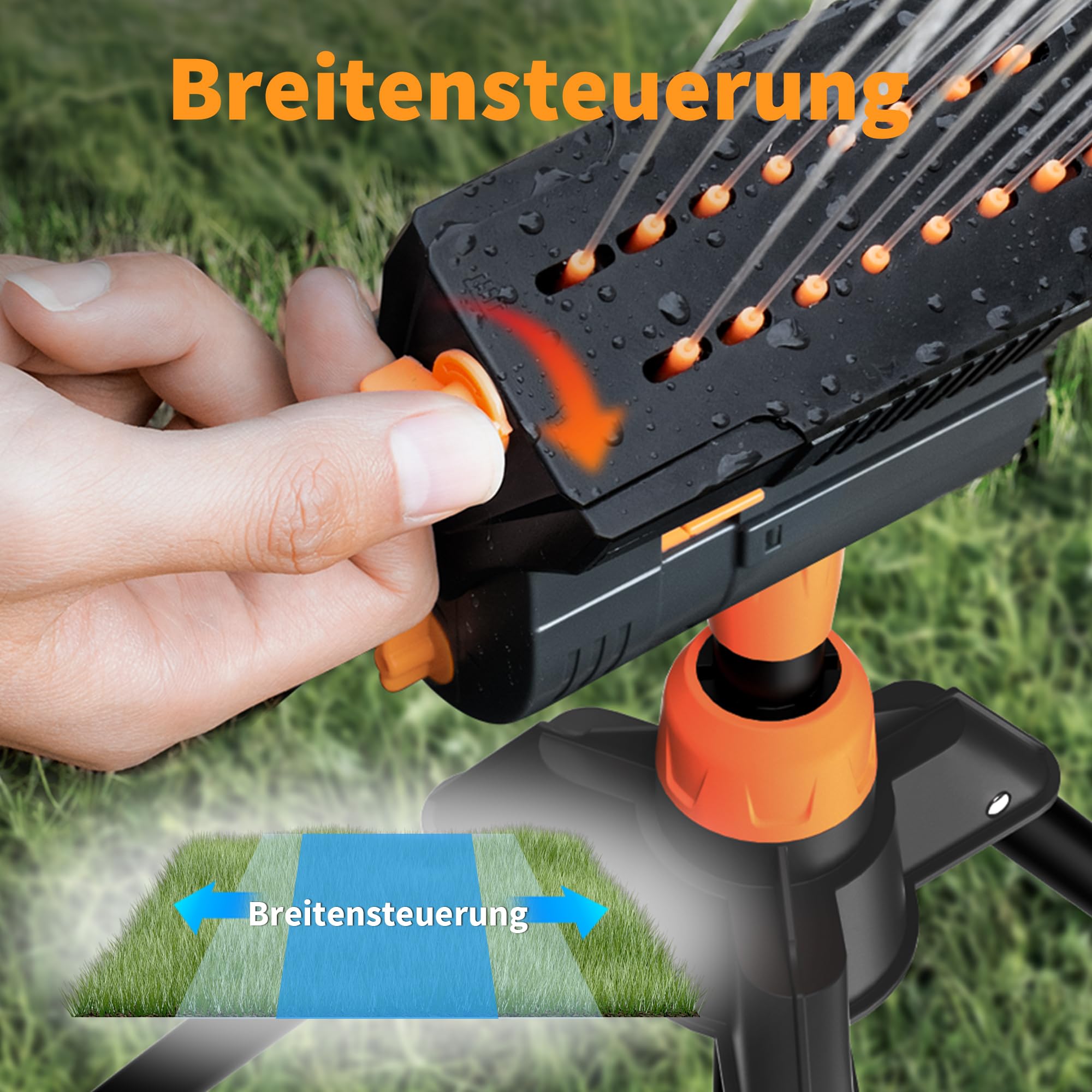 Diivoo Oszillierender Rasensprenger, Gartensprenger mit Dreibeinstativ, Viereckregner mit Messinganschluss, Wassersprinkler Einstellbare Breite, Reichweite und Durchflussrate, 16 Düsen, Grau