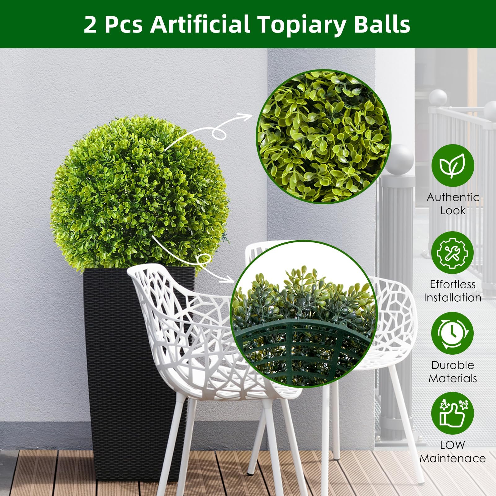 2er-Set Künstliche Buchsbaumkugel, groß Ø30 cm Buchsbaum Kugel mit Kette, UV-beständig Plastik Künstliche Pflanzen, dekorative Kugelpflanzen Formschnitt Kunstpflanze für Haus Büro Garten Hochzeit - A