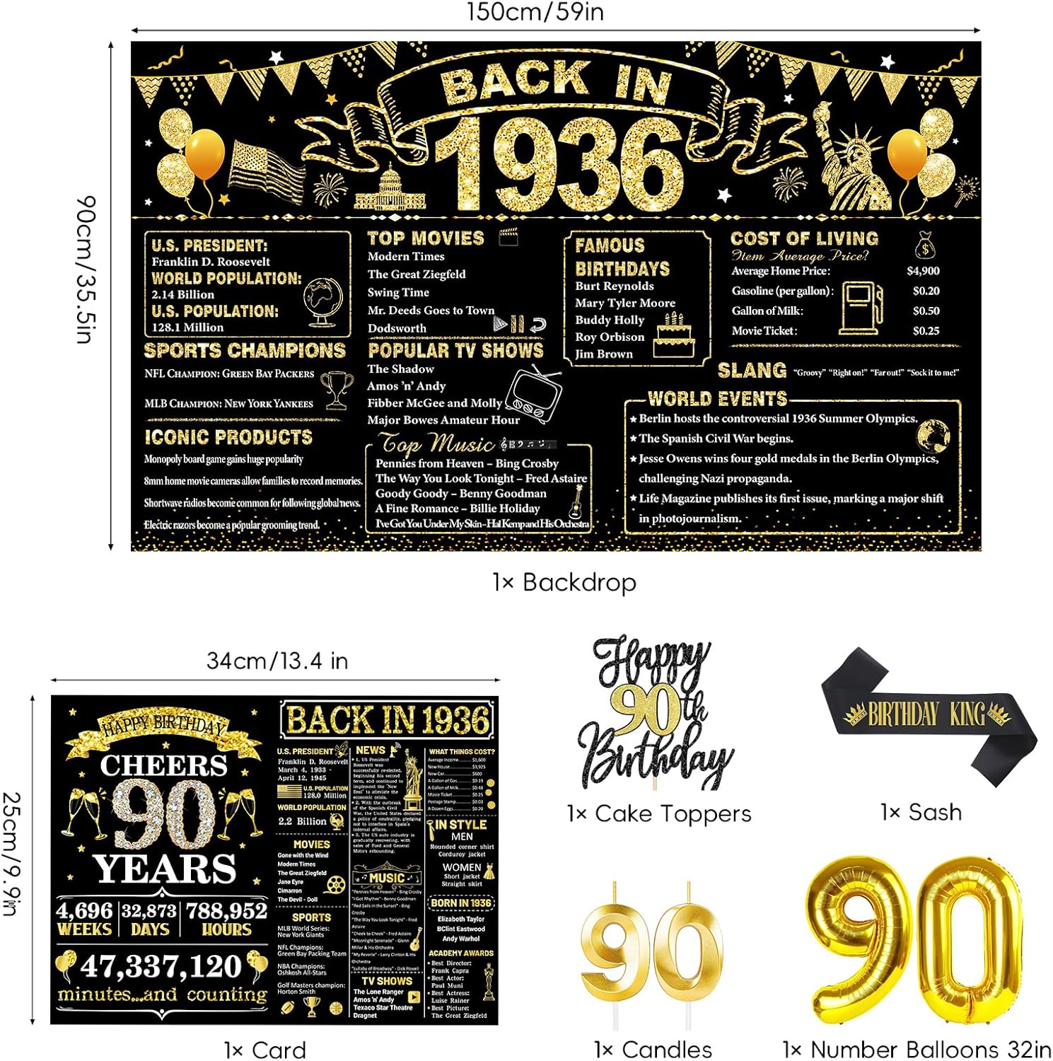90th Birthday Decorations for Men, Black Gold Back in 1936 Party Supplies Kit with Banner, Backdrop, Sash, Balloons, Cake Topper & Honeycomb Centerpieces, Happy 90 Year Old Birthday Decorations