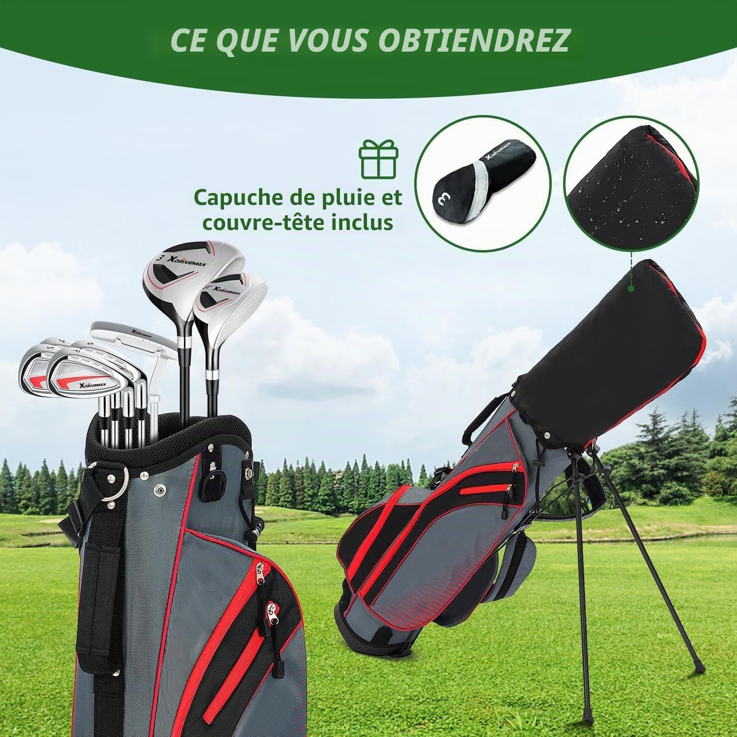XDriveMax Ensemble complet de 8 clubs de golf pour homme droitier/gauche pour homme et femme avec sac de support avec capuche de pluie, bois de parcours 3# avec couvre-tête, 5# hybride, 5#, 7#, 9# S#