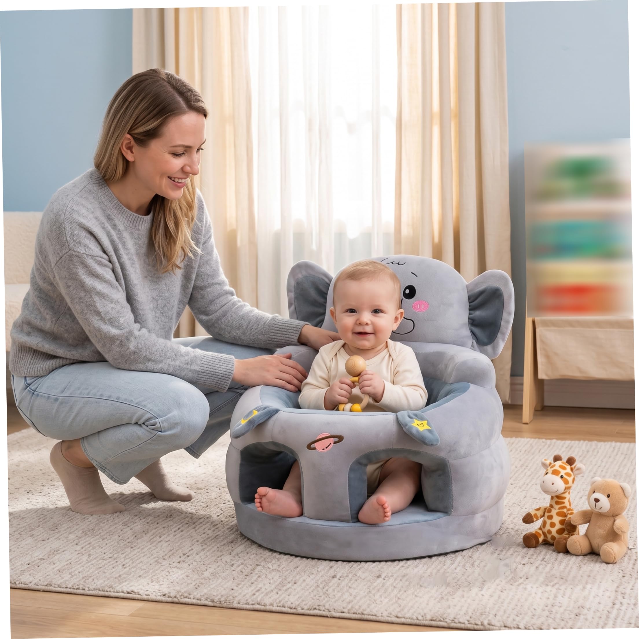Sit Me Up Bodensitz für Babys, weicher Babysitz-Stützstuhl, grauer Elefanten-Kindersitz (17, 7 x 17, 7 x 15, 8 Zoll)