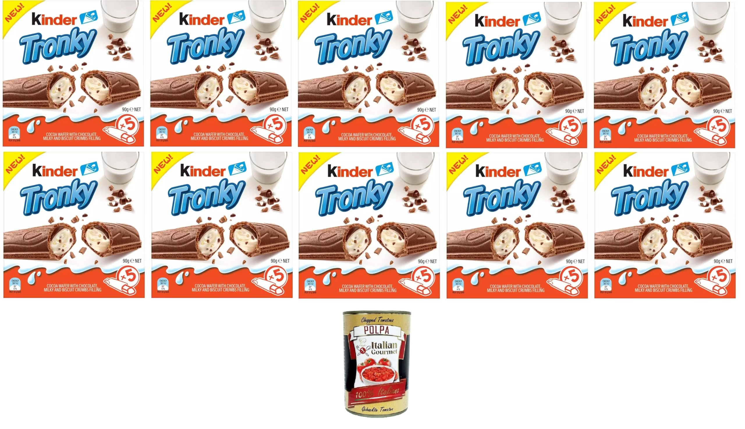 Ferrero Niños Tronky - Gofrera de cacao con relleno cremoso de leche con trozos de galletas, 10 x 90 g + Polpa italiana gourmet 400 g