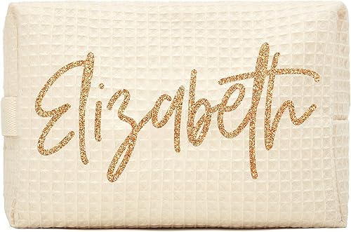 Miniatura 1 de WEDDINGSTAR Bolsa de maquillaje de gofres de algodón personalizable para mujer, Marfil, Fuente Script