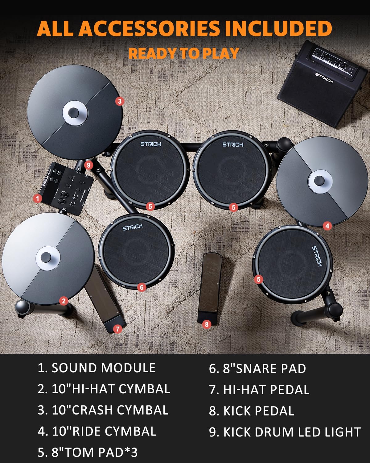 STRICH Elektronisches Schlagzeug E-Drum Set mit Mesh Heads, LED Drum Pads, USB MIDI, faltbares Electronic Drum Kit mit Drumhocker, Kopfhörer und Drum Matte für Anfänger & Home Practice, SED-T03