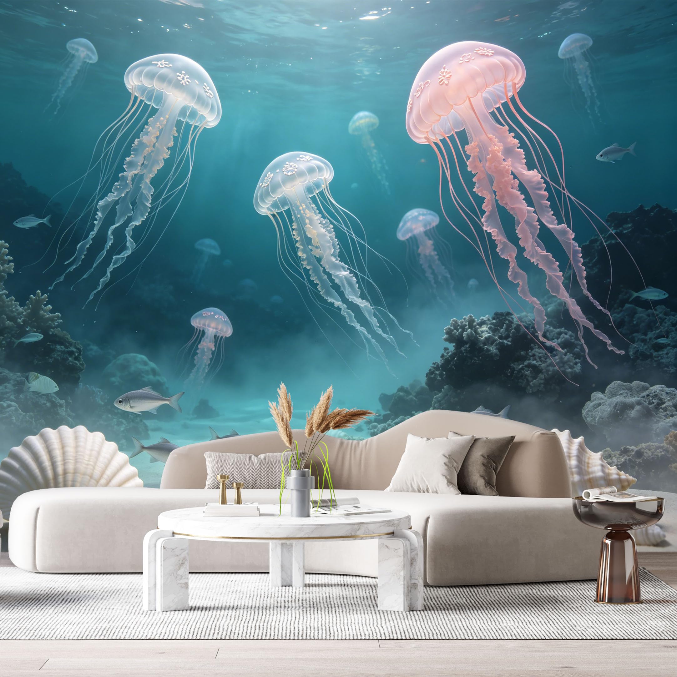 Custom Size Wall Murals Ocean Marine Watercolor Jellyfish Seashells SelfAdhesiveWall Fabric Removable Wallpaper Wall Decor for Living Room Bedroom Bathroom
