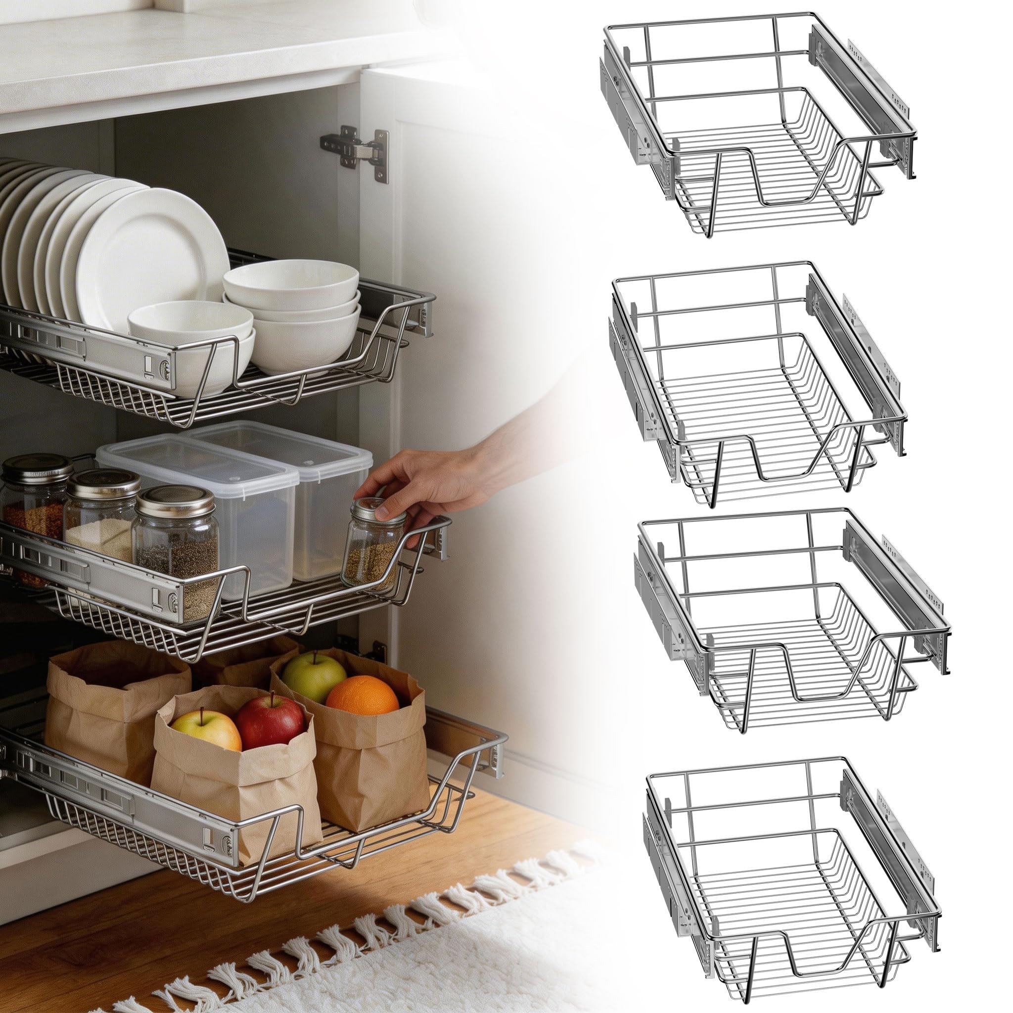 UISEBRT Teleskopschublade Küchenschrankauszug,Küchenschublade Schubladeneinsatz Vollauszug für 27cm (Innenbreite) / 30cm (Außenbreite) Schrankbreite,Belastbar bis 20kg, Silber 4er Set