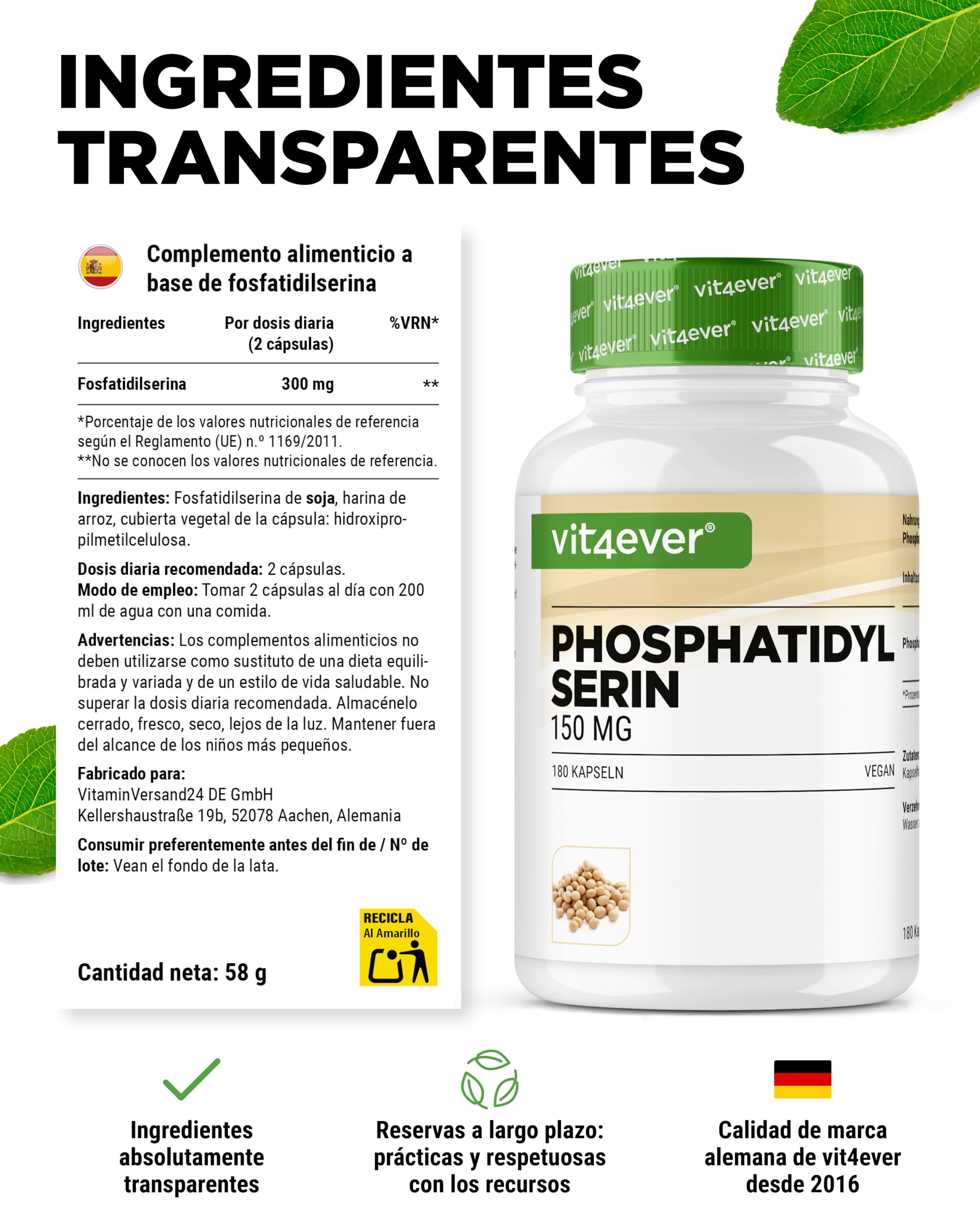 vit4ever Fosfatidilserina Cápsulas - 300 mg por Dosis Diaria - 180 Cápsulas - Alta Dosis - Fosfolípido PS - Vegano - Sin Aditivos Innecesarios