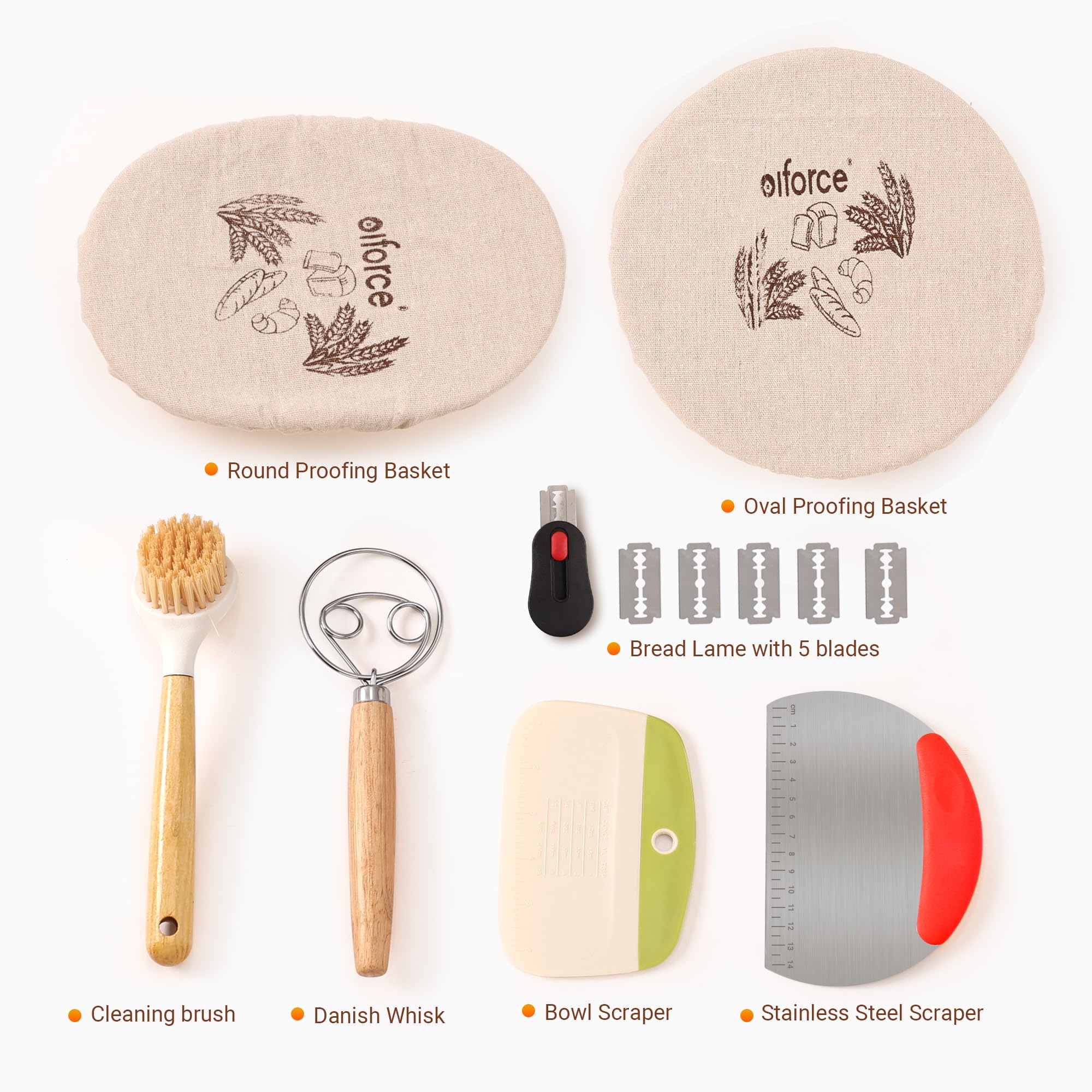 Banneton Runde ovale Brotkörbe mit Einlagen und Abdeckungen, Brot, Käsepaste, Pinsel, Schüsselschaber und Edelstahlschaber zum Backen