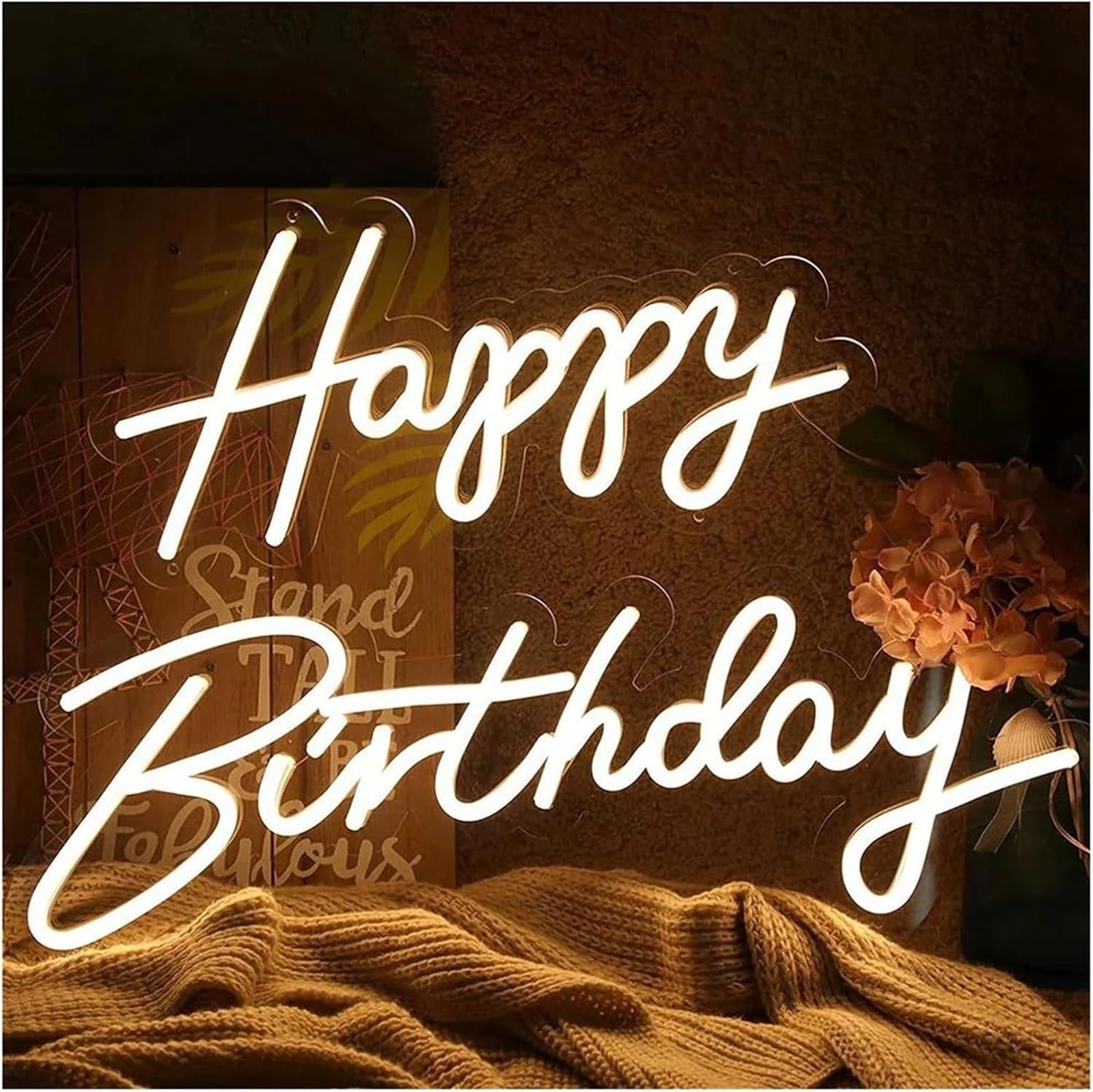 Zynther Neon lamp Colorful Letters Indoor Lighting Neon Sign Happy Birthday for Wall Decor Powered Panel(Cold White)