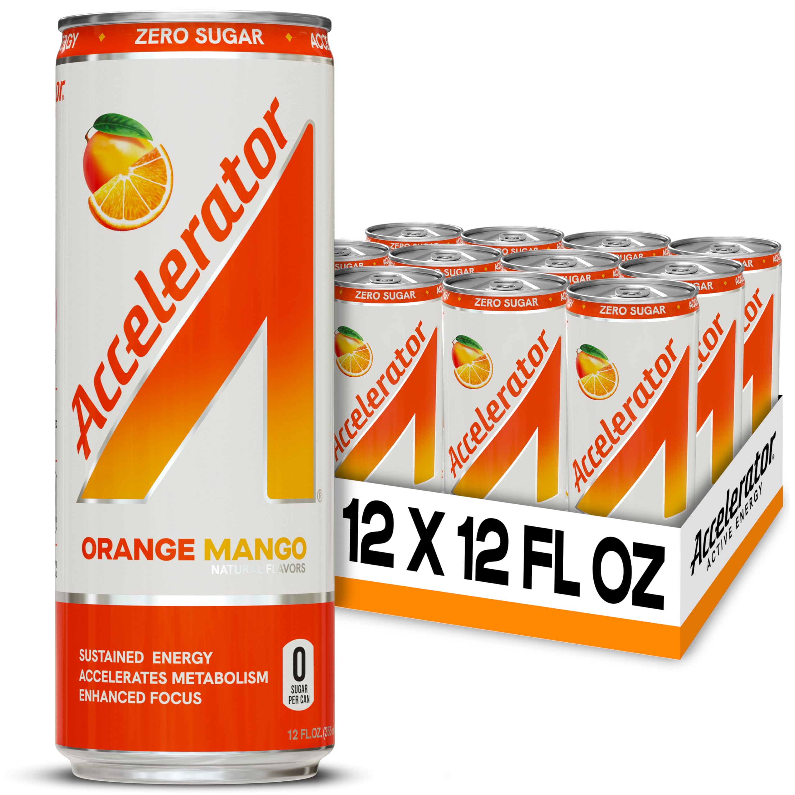 Accelerator Energy Drink, Orange Mango 12oz can (12 pack), Zero Sugar, Sustained Energy from 100% Natural Caffeine (200mg from Green Coffee Bean & Green Tea extract)
