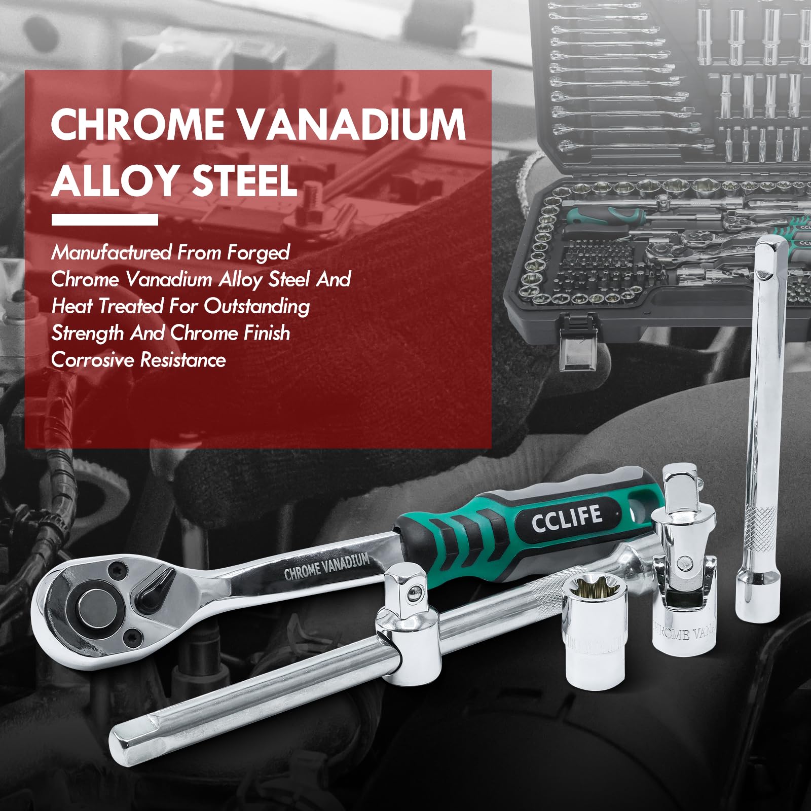 CCLIFE 218 Pezzi Set di Chiavi a Bussola Cr-V con Cricchetto 72 Denti, Bussole und Ed Inserti, Maniglia Girevole, Barra di Prolunga, Kit di Attrezzi Meccanici per Auto