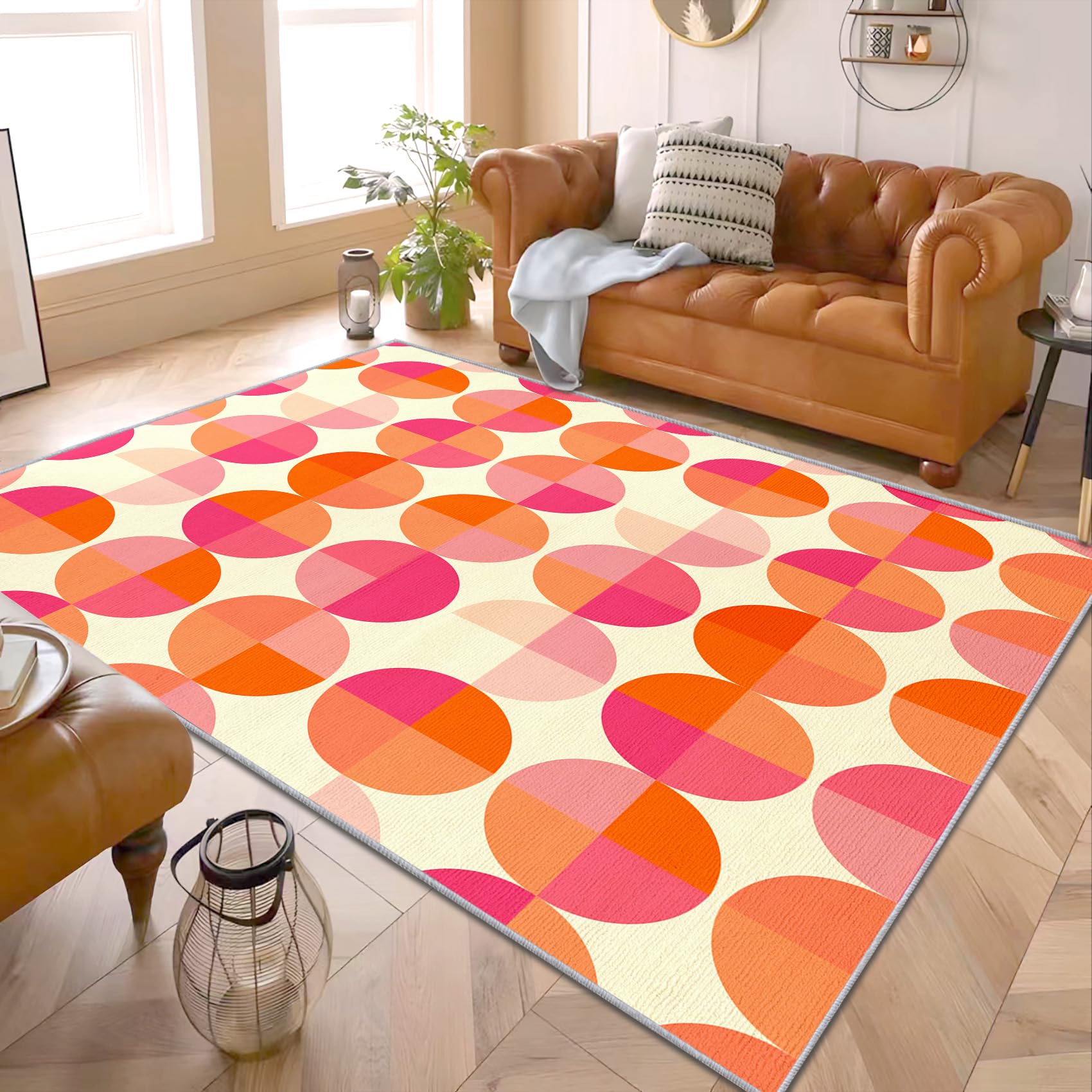 PaxGloz Geometric Mid Century Rug - Mid Century Modern Living Room Rug, Pink and Orange Boho Geometric Bedroom Rugs, Washable Non Slip Soft Large Carpet, Patterned Area Rugs & Home Decor 160x230 cm