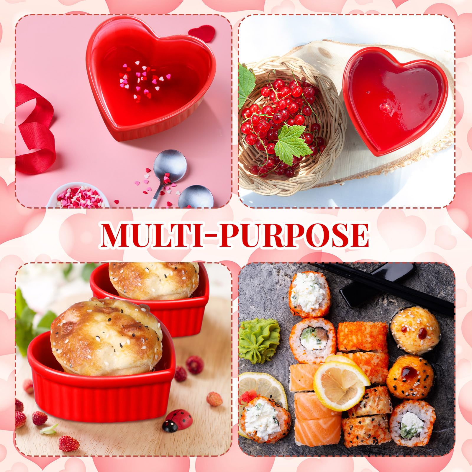 Reallnaive 8 ramequines en forma de corazón para crema brulee aptos para horno, 3.54 x 3.54 x 1.57 pulgadas, cuencos pequeños de cerámica para hornear, aperitivos, quiche, aperitivos, salsas (rojo)