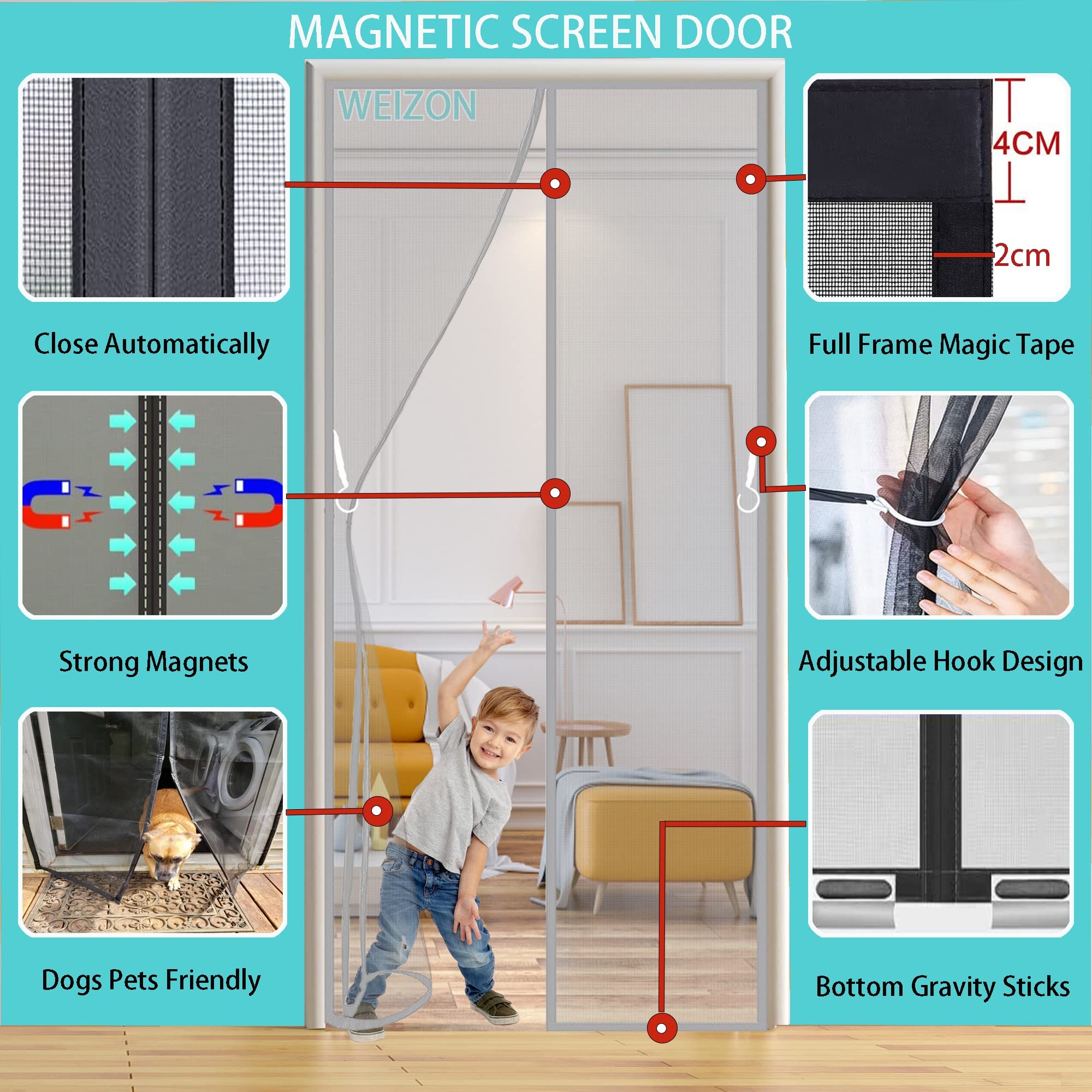 Fenetre Moustiquaire Magnétique,Auto-AdhéSif en Maille Rideau 295x200cm Gris Moustiquaire Porte AimantéE Fermeture Automatique pour balcon, porte de cave, porte patio sans Percer