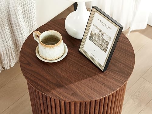 Miniatura 6 de AVZEAR Juego de 2 mesas auxiliares redondas pequeñas acanaladas, mesa auxiliar moderna de mediados de siglo, mesitas de noche circulares de madera