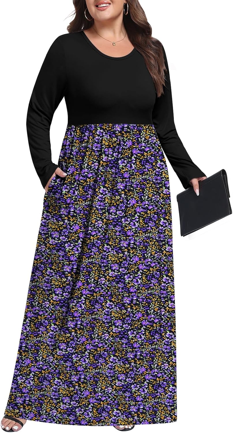 Womens Plus Size Maxi Dress Casual Long Sleeve Long Dresses with Pockets - Image 2