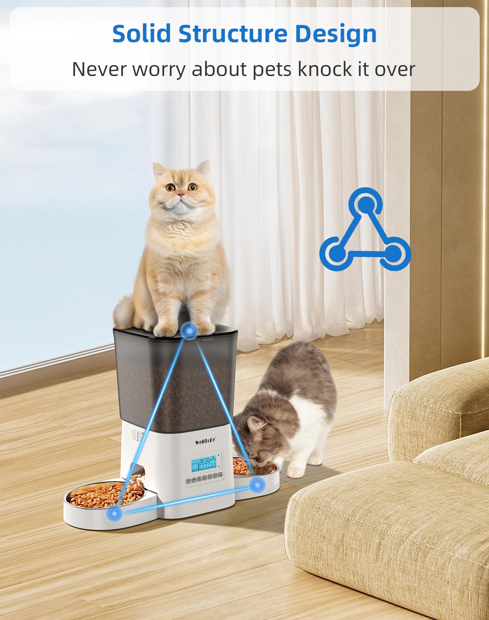 Distributore Automatico Cibo Gatti con 2 Ciotole,3.5L Timer Programmabile Dispenser Crocchette Gatto,1-6 Pasti al Giorno,Audio Personalizzato 10s,Doppia Alimentazione