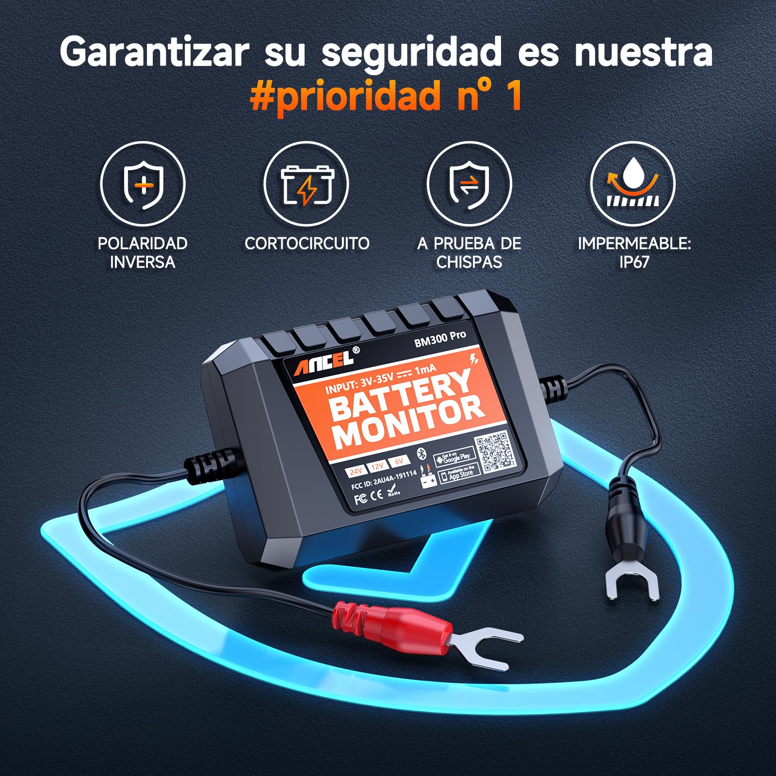 (BM200 actualizado) ANCEL BM300PRO Monitor de Batería de Coche 6V 12V 24V, Bluetooth 5.3 Probador de Baterias con Carga, Prueba de Sistema de Arranque y Alarma, IP67 Impermeable para Camión Moto Barco