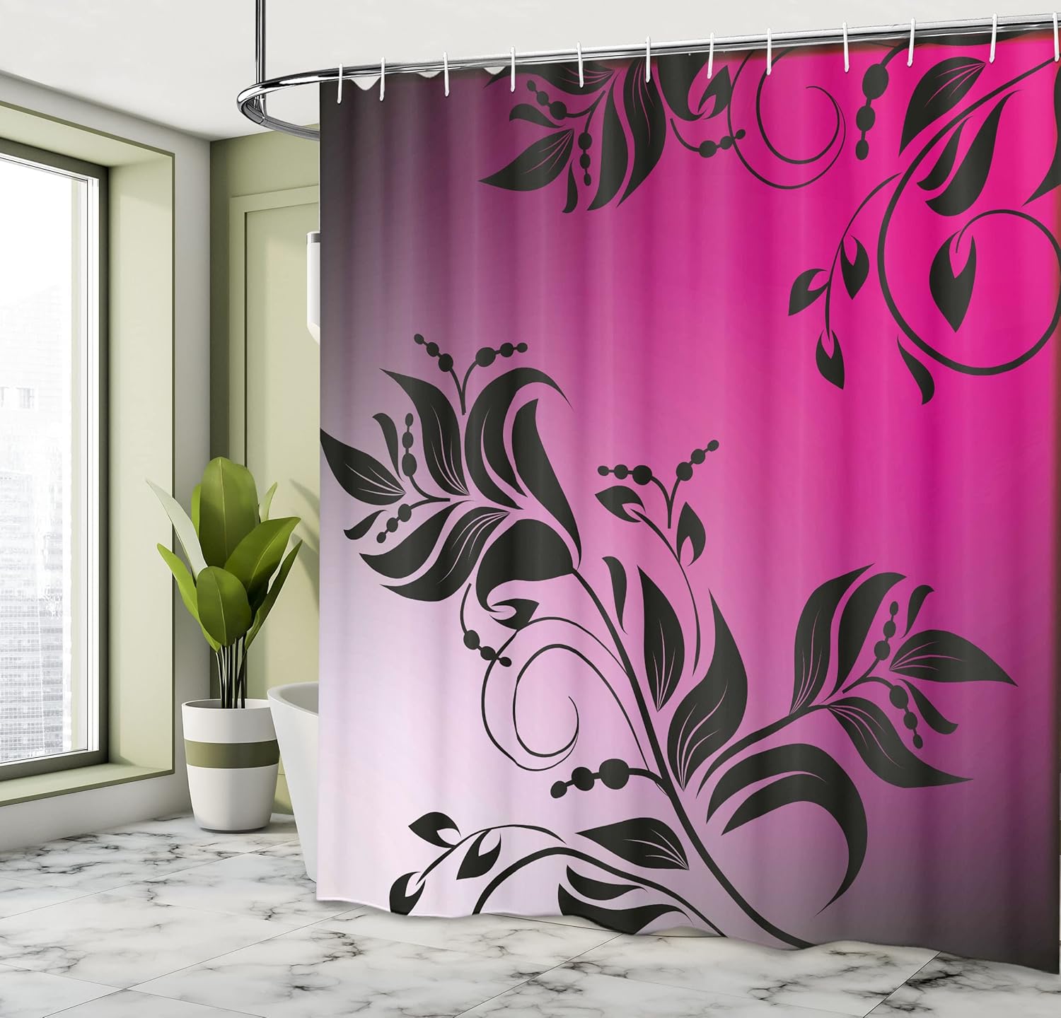 Ambesonne Floral Shower Curtain, Swirled Style of a Victorian Flower Branch Gradient Backdrop in The Vintage Style Modern Print Art, Fabric Bathroom Decor Set with Hooks, 69" W x 75" L, Magenta Black