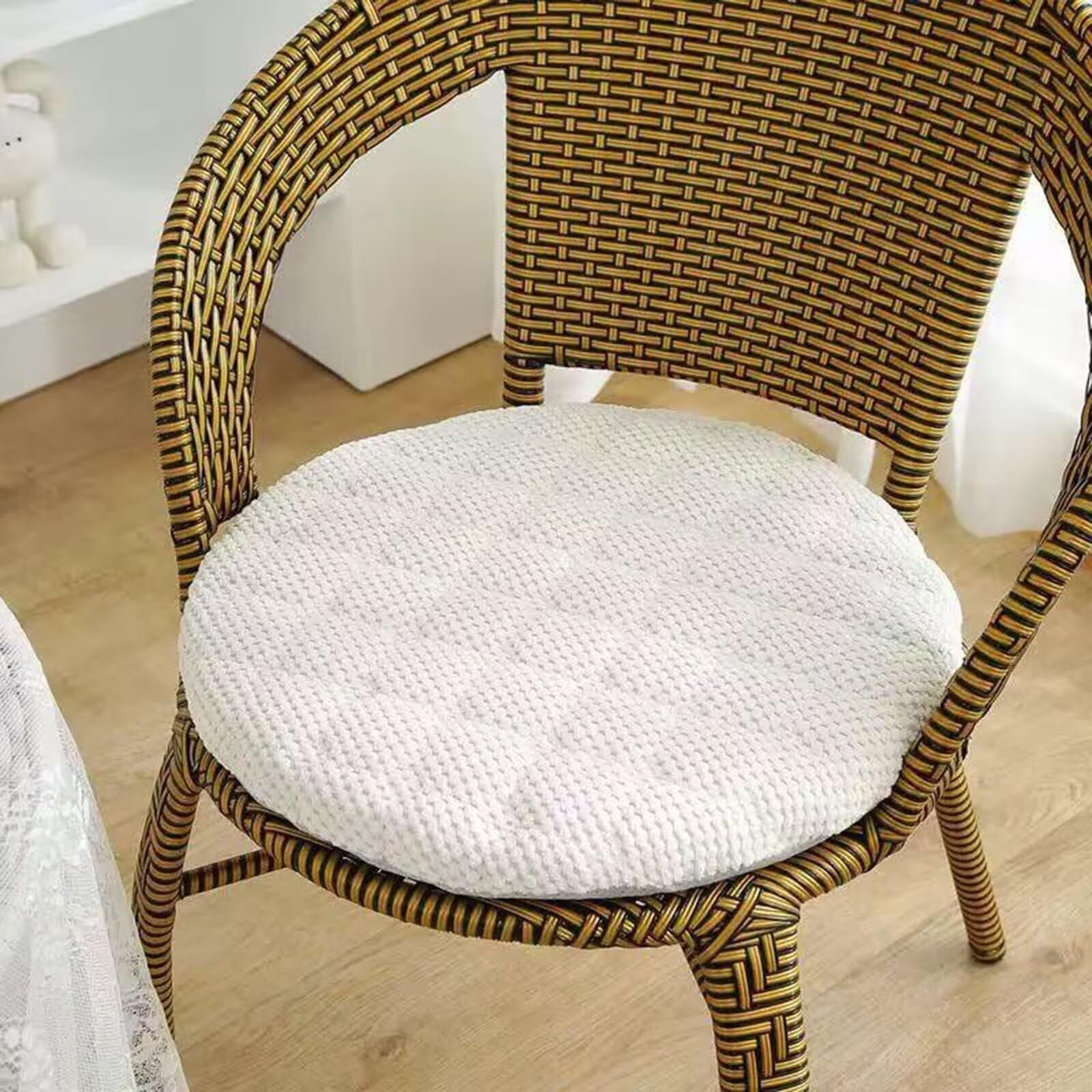 40cm Round Chair Cushions Set of 1, White Corduroy Seat Cushions with Zip, Washable Non-Slip Desk Chair Pads, Soft Foam Seat Pads for Dining Chairs, Kitchen, Office