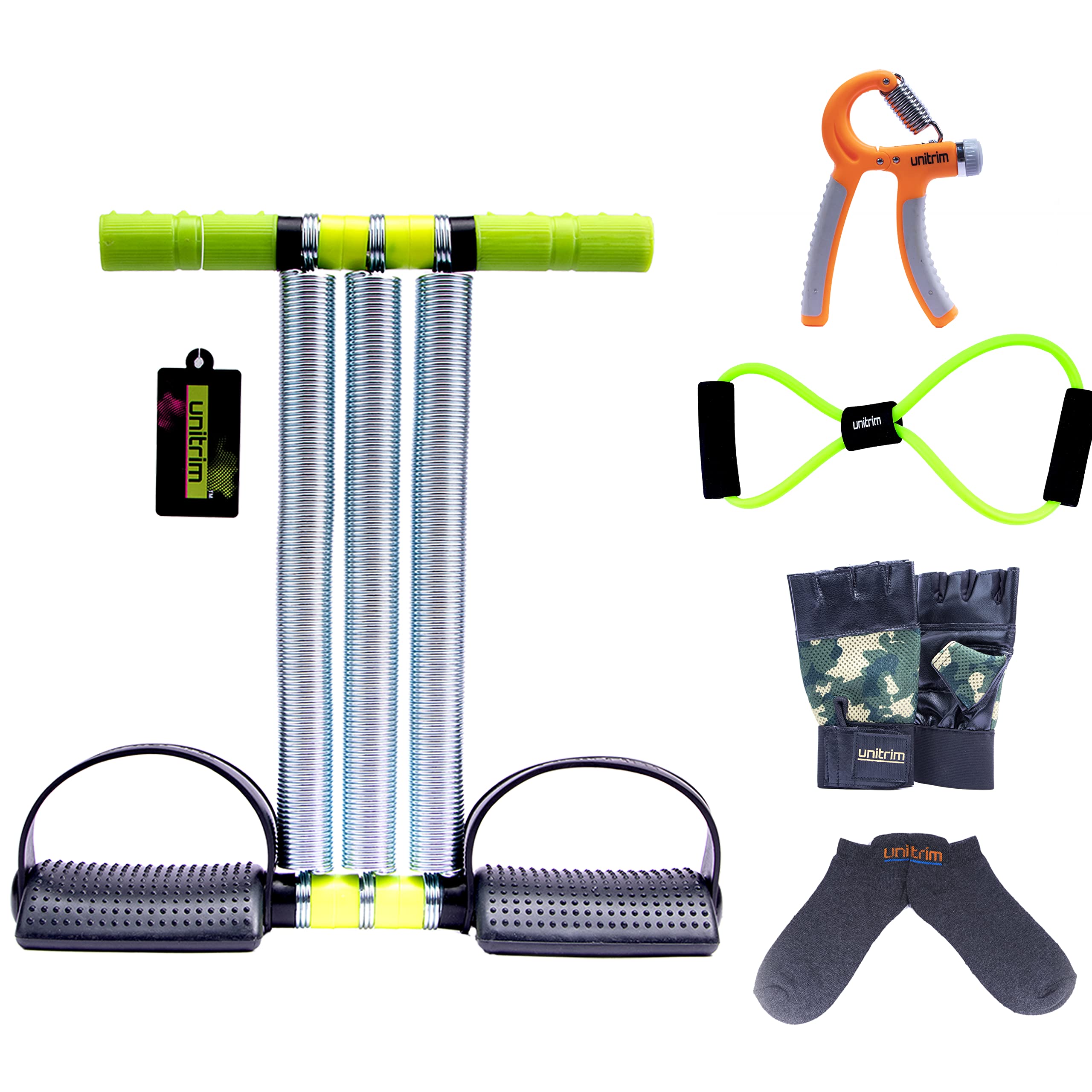 unitrim Triple Spring Tummy Trimmer Yoga Chest Expander Rope Workout Pulling Exerciser Fitness Exercise Tube Sports Yoga .Hand Exerciser Grip Strengthener with Socks & Gloves Free. (14 Inch Spring)