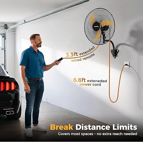 Miniatura 4 de Ventilador oscilante de montaje en pared de 20 pulgadas, control remoto con cable extendido de 3.3 pies y cable de alimentación de 6.6 pies,