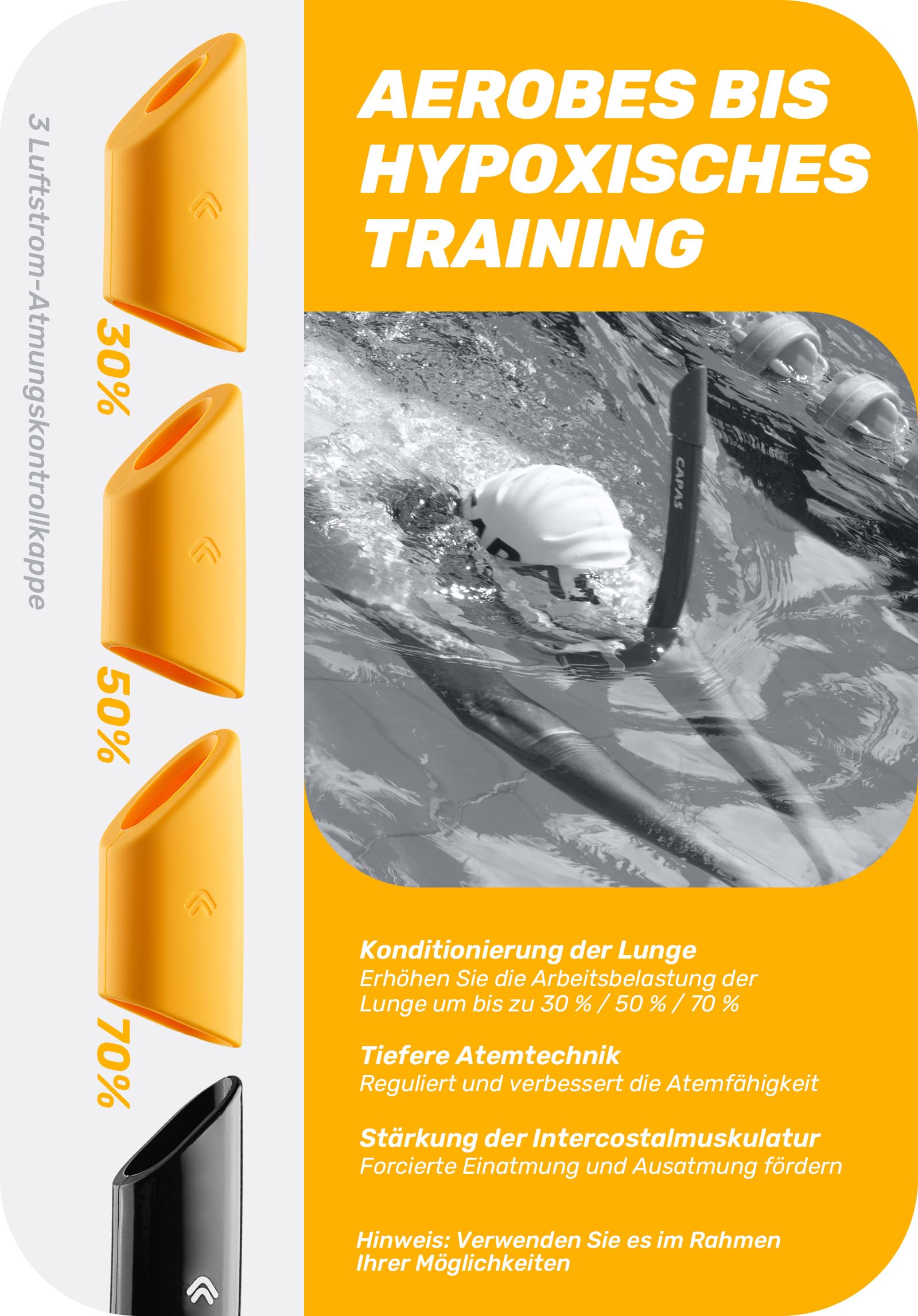 CAPAS Training Schwimmen Schnorchel für Runde Schwimmen, ideale Passform, Schwimmer-Schnorchel mit Flüssigkeit Silikon Mundstück verstellbaren Riemen Swivel Stirnband, für Erwachsene Männer Frauen