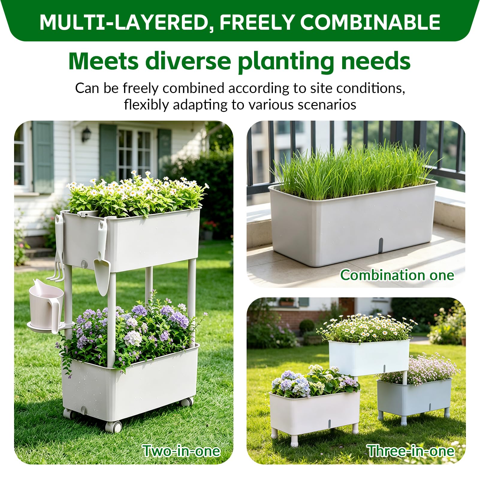 Jardinière surélevée avec roues - Jardinière à 3 étages - En plastique | 118,5 x 46,6 x 25,5 cm, étagère, jardinière avec crochet et roulettes, pour balcon, jardin, terrasse