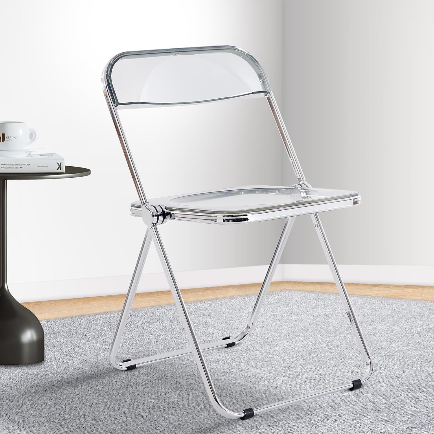 Bukela Acrylic Ghost Stackable Crystal Seat- Transparent Folding Chair-Luxury Modern Acrylic Folding Chairs-PC Plastic Living Room Seat-Chrome Frame Accent Side Chair for Outside Inside-White