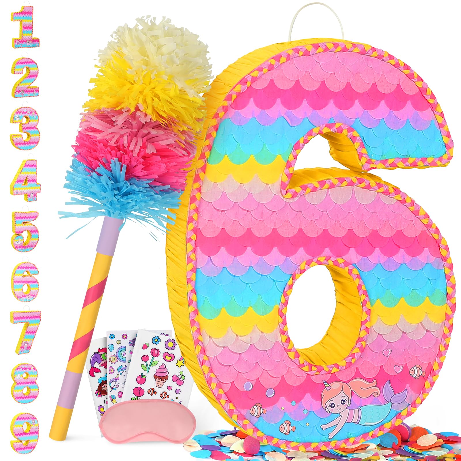Number 6 Pinata for Birthday Party Decorations, Unicorn Mermaid Theme Pink Piñata Games Toy (6th)