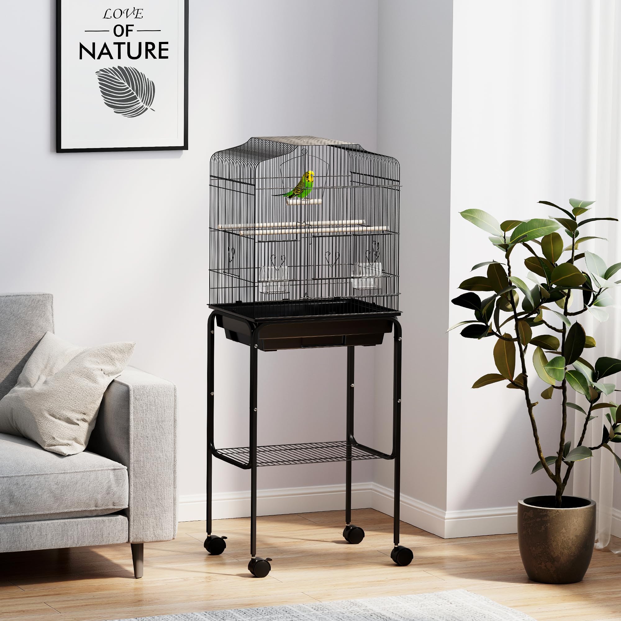 PawHut Jaula para pájaros para periquitos con ruedas de soporte, color negro, 46,5 x 36 x 124 cm | Jaulas para periquitos, para pinzón canario, bandeja deslizante, estante de almacenamiento de accesorios