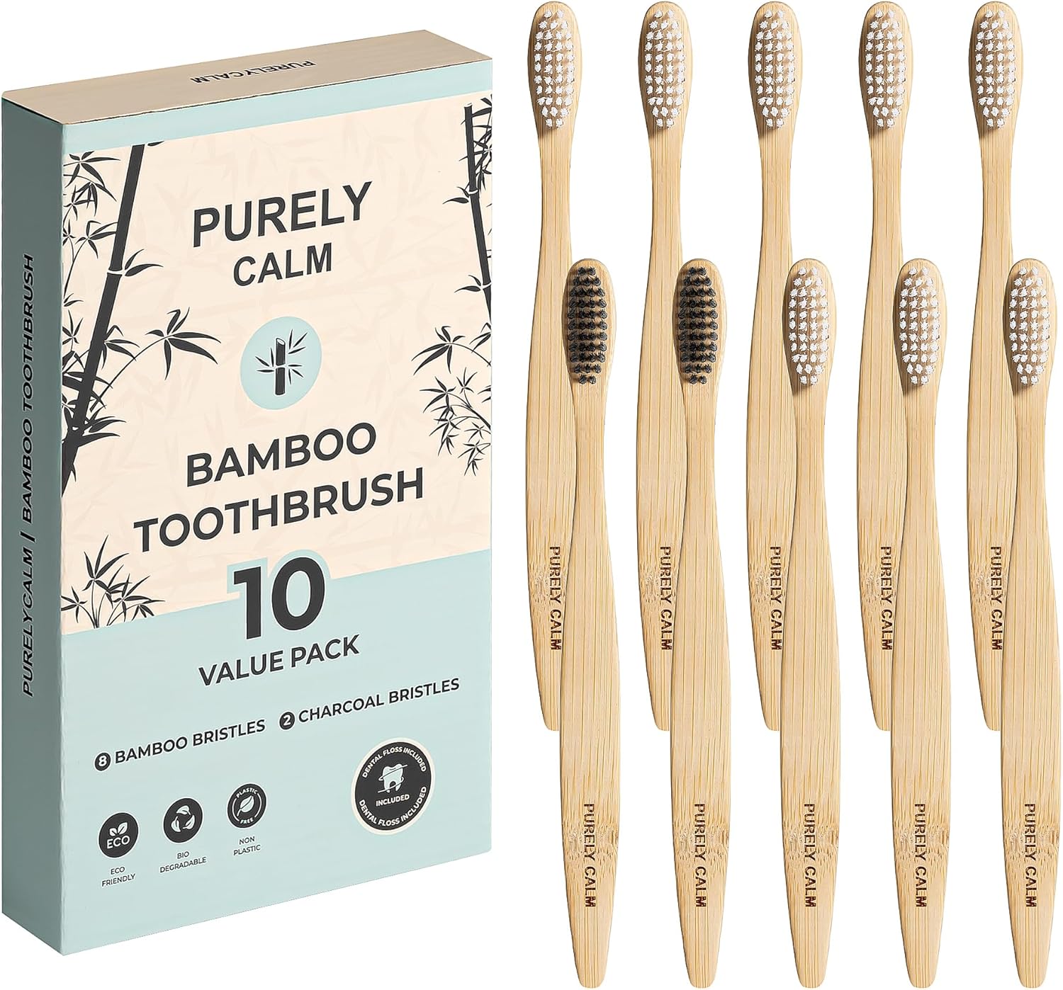 Bamboo Toothbrushes Set – 10-Pack (8 Standard + 2 Charcoal Bristle) – 2 Dental Floss as a Bonus – Eco-Friendly, Biodegradable Soft Bristle Toothbrush, Wooden Toothbrush for Adults & Kids