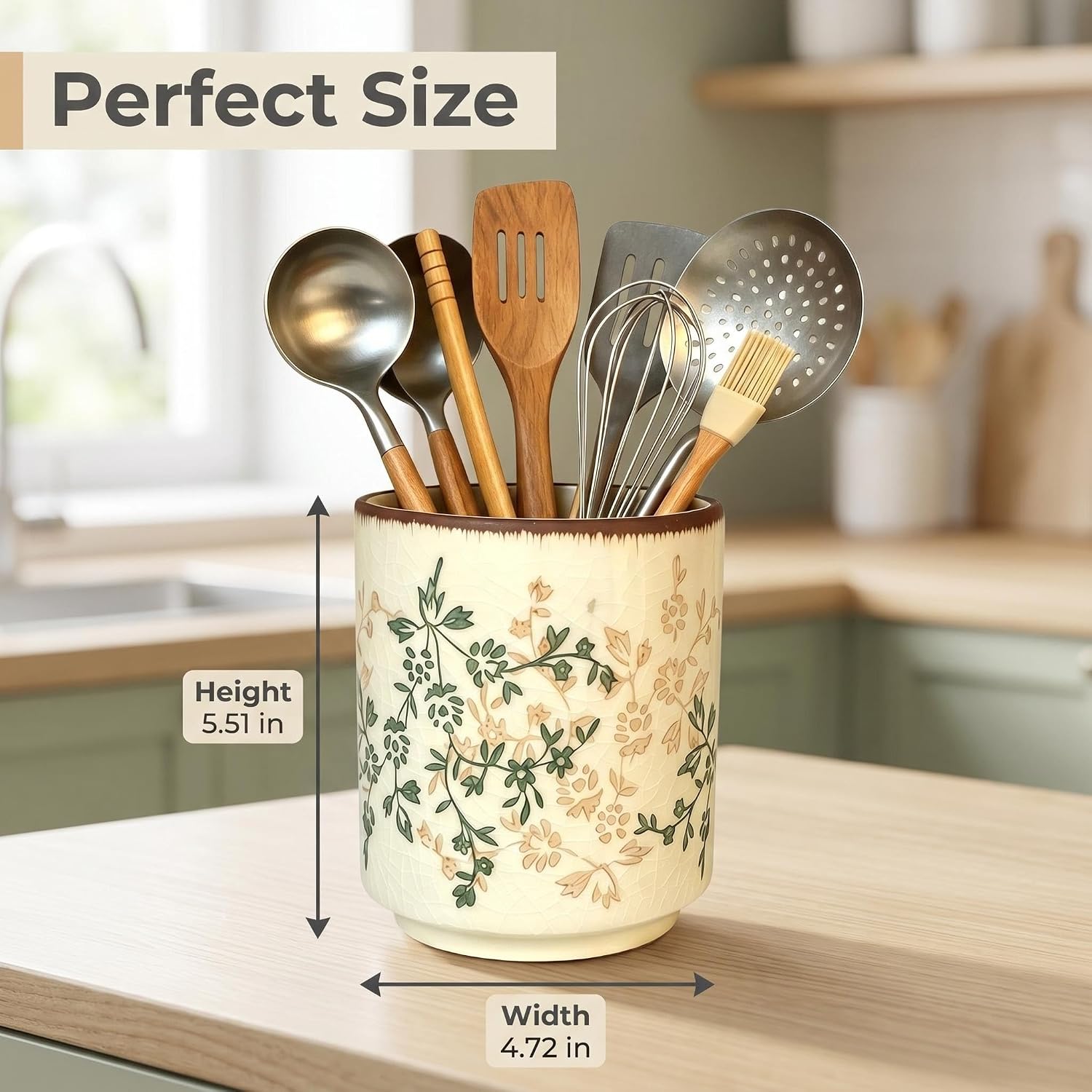 Farmhouse Ceramic Utensil Holder,Green Floral Kitchen Utensil Crock,Countertop Cooking Tool Organizer ,Silverware Organizer,Silverware Caddy,Decor Vintage Vase Ceramic Pitcher for Housewarming Gift