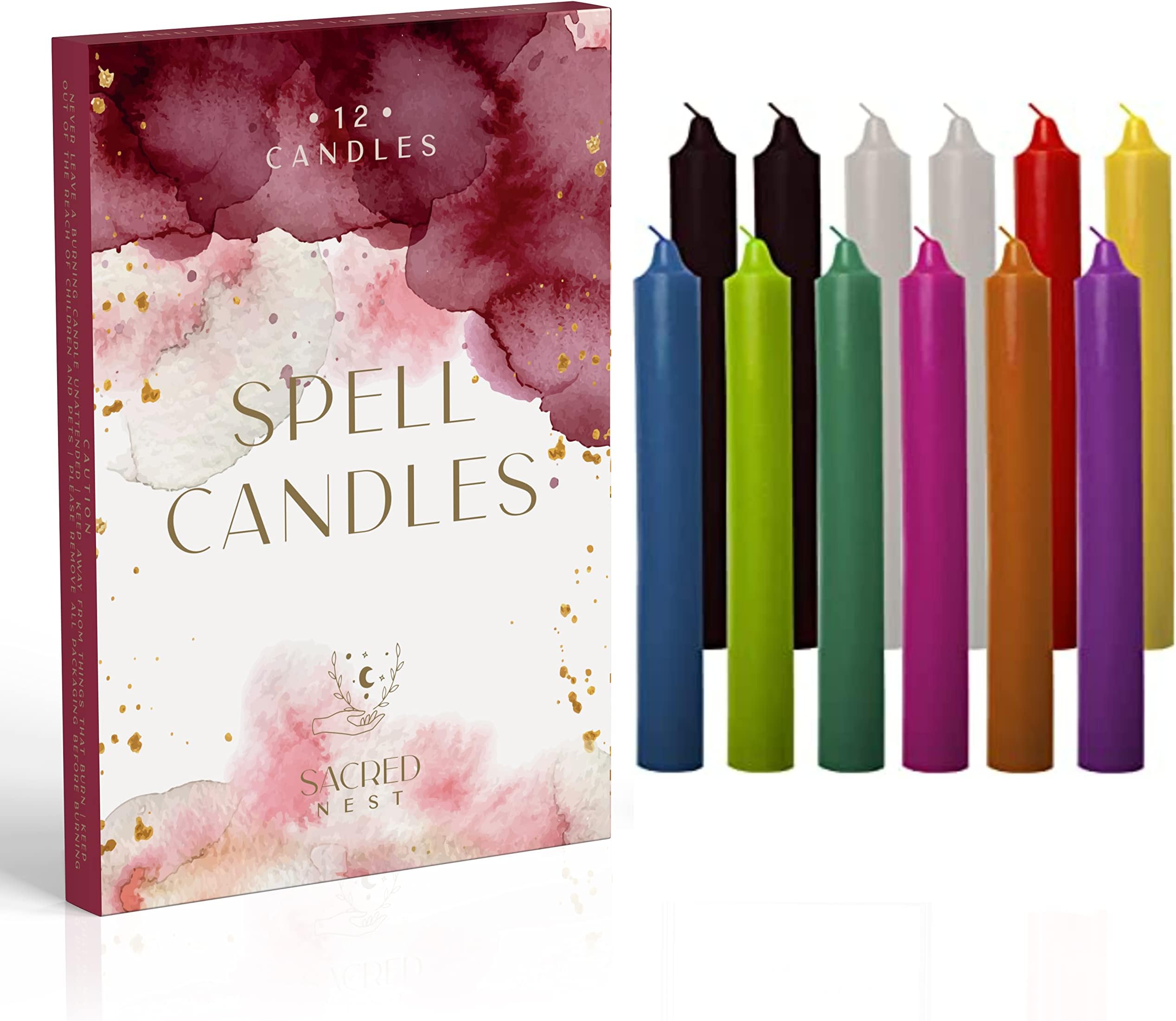 Sacred Nest Magic Spell Candles | Coloured Set of 12 with Guide Book | Perfect Witch Gifts | Small Wicca Candles