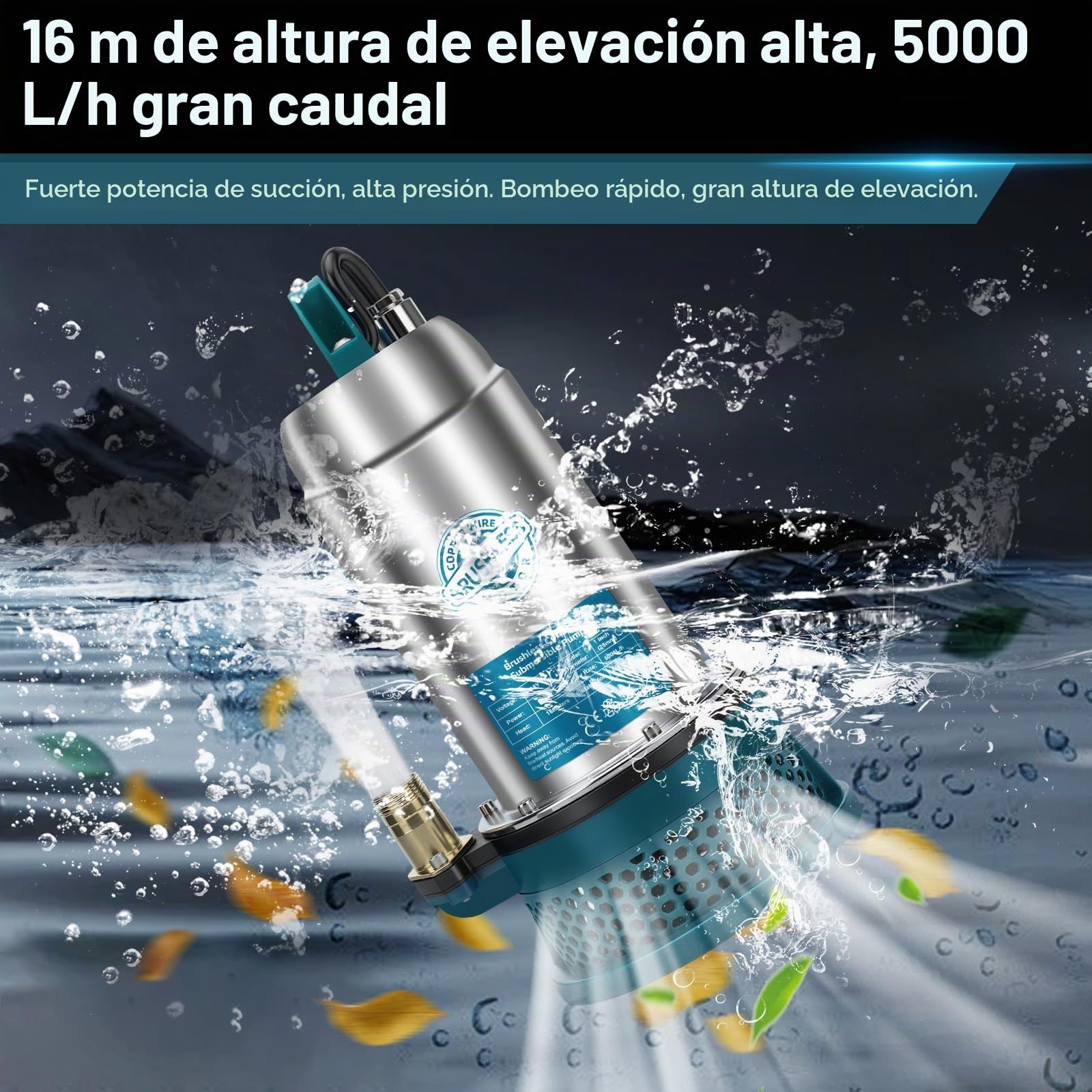 Bomba sumergible compatible con batería Makita de 18 V (sin batería) – 5000L/H Bomba de agua inalámbrica con manguera de 10 m, cable de conexión de 5 m, ideal para piscina, cama de agua, riego de