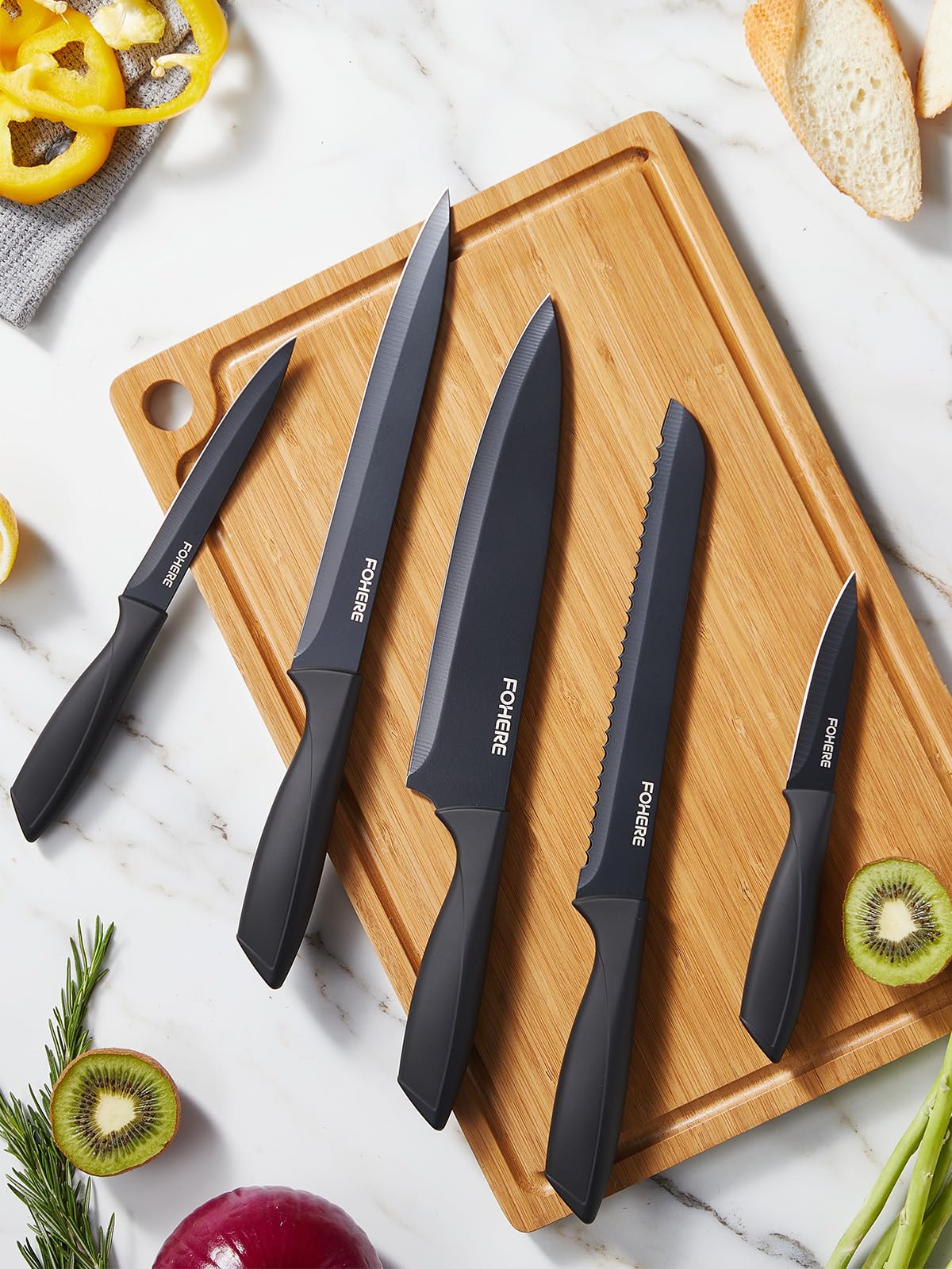 FOHERE Bloc de Couteaux,13 Pièces, Couteau Cuisine avec Affûteur Intégré, Acier Inoxydable, Ensemble de Couteaux avec Poignée en PP, avec Bloc Couteaux en Plastique, Granit Noir