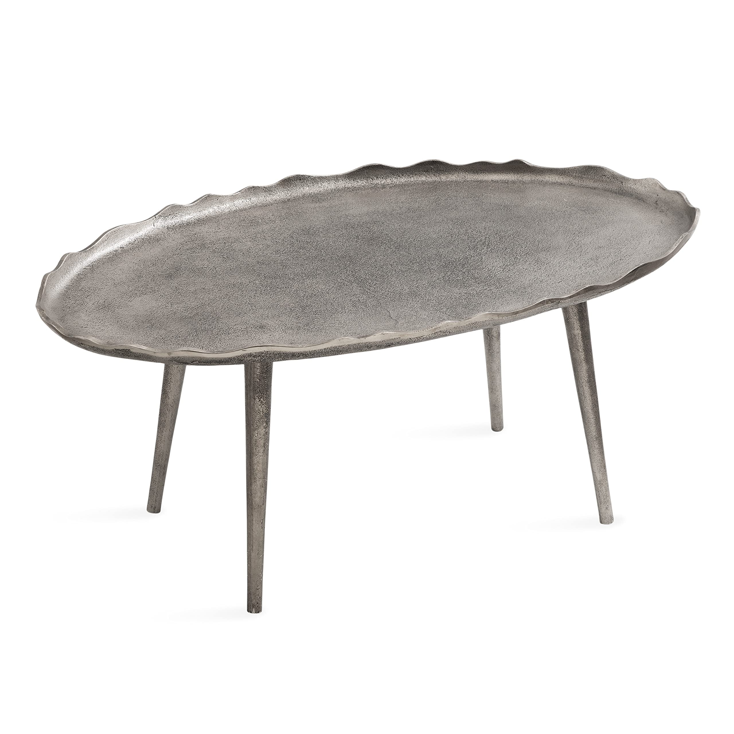 Kate and Laurel Alessia Modern Glam Oval Coffee Table, 34 x 20 x 15, Silver, Metal Living Room Table for Storage and Display with Antique Deckled Edge Detailing