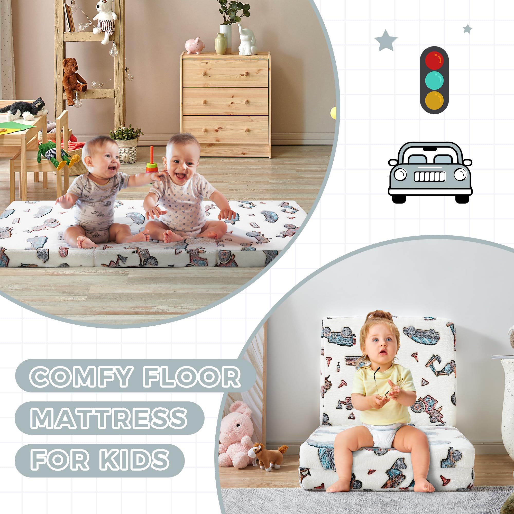 BYBYME Kids Fold Out Chair Bed Foldable Toddler Chair Lounger for 13