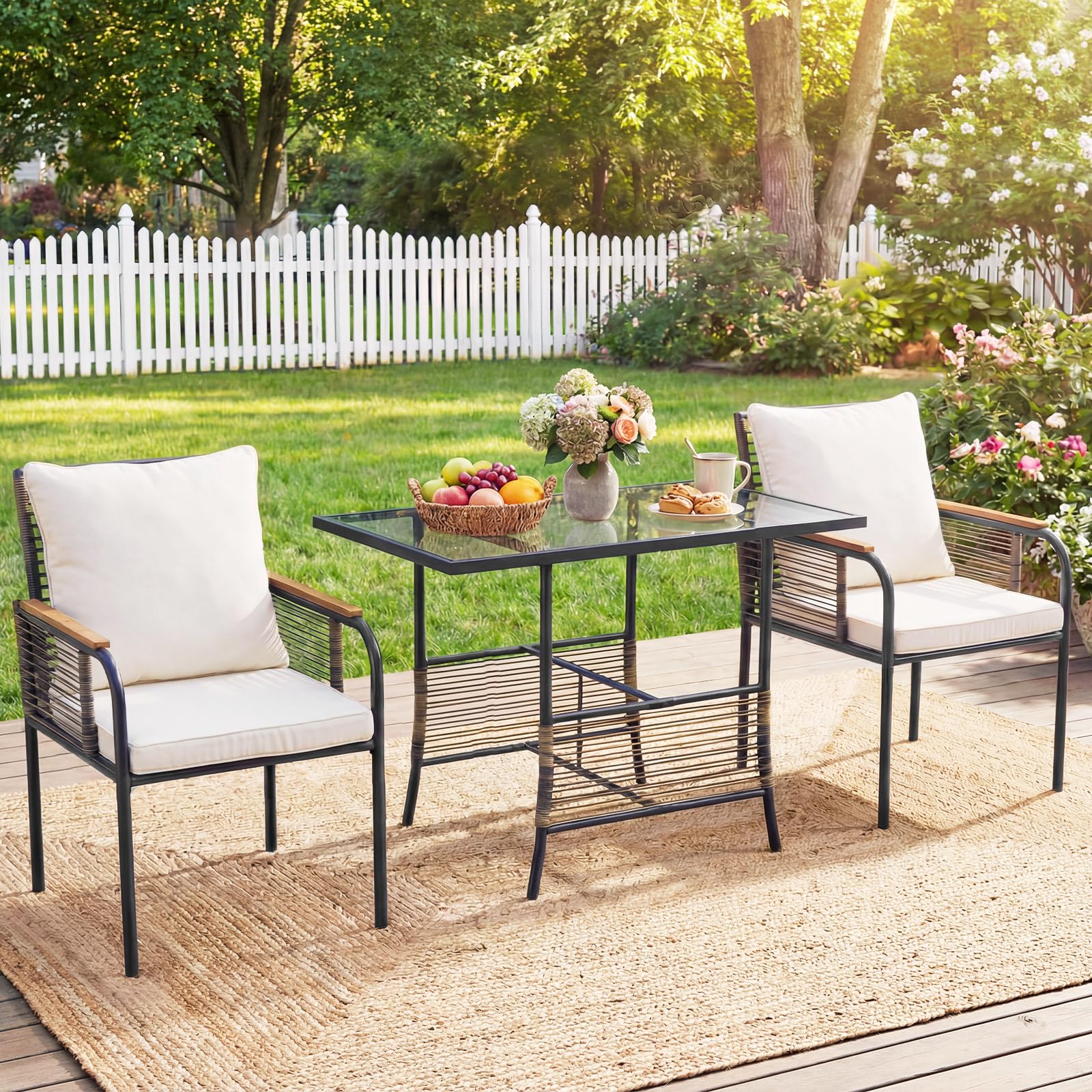 COSTWAY Set Salottino da Giardino in Vimini, Set di Mobili da 3 Pezzi per Esterno Salvaspazio con Cuscini, Tavolo Rettangolare e Sedie in Rattan per Balcone, Veranda, Giardino e Cortile (Beige)