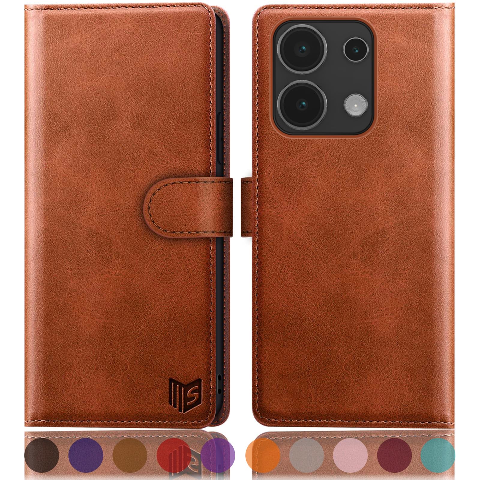 SUANPOT progettazione per Xiaomi Redmi Note 13 4G Blocco RFID Portafoglio Slot CarteSupporto Cellulare Magnetica custodia Pelle Sintetica Cover per Redmi Note 13 Marrone Chiaro