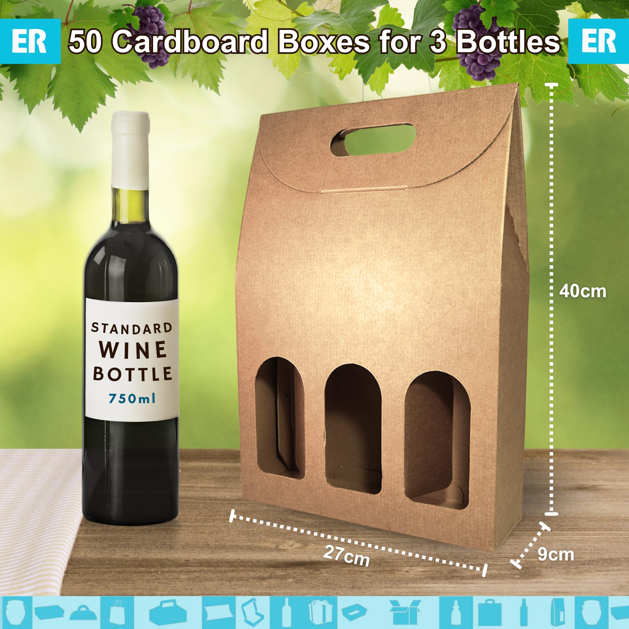 50 cajas de cartón Kraft vacías para 3 botellas de vino 27x9x40 cm | Embalaje para botellas de vino para regalos: Navidad, Pascua, cumpleaños, boda | Bodegas de vino