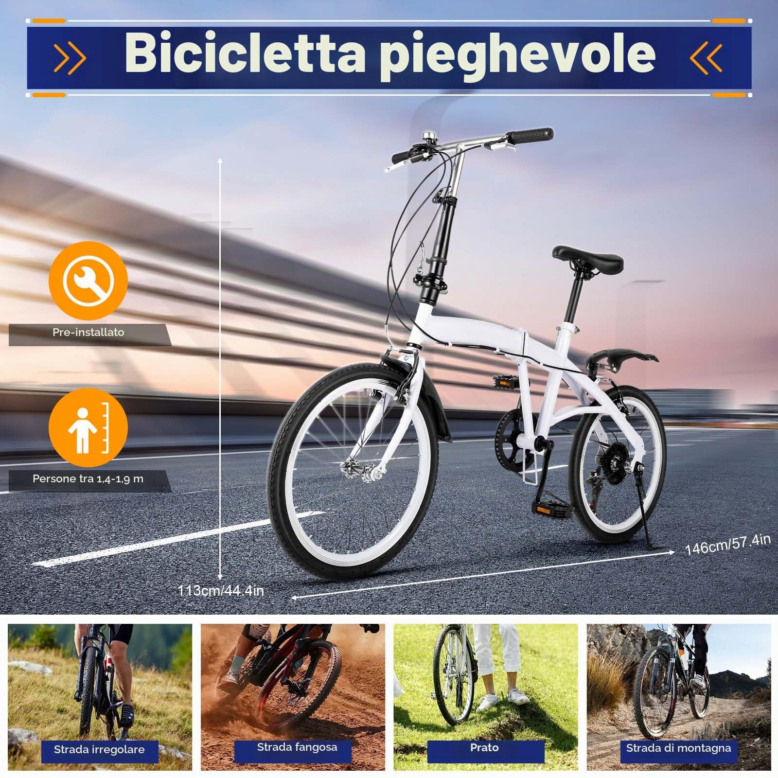 Bicicletta pieghevole da 20 pollici 2 ruote 7 marce regolabile in altezza in acciaio al carbonio