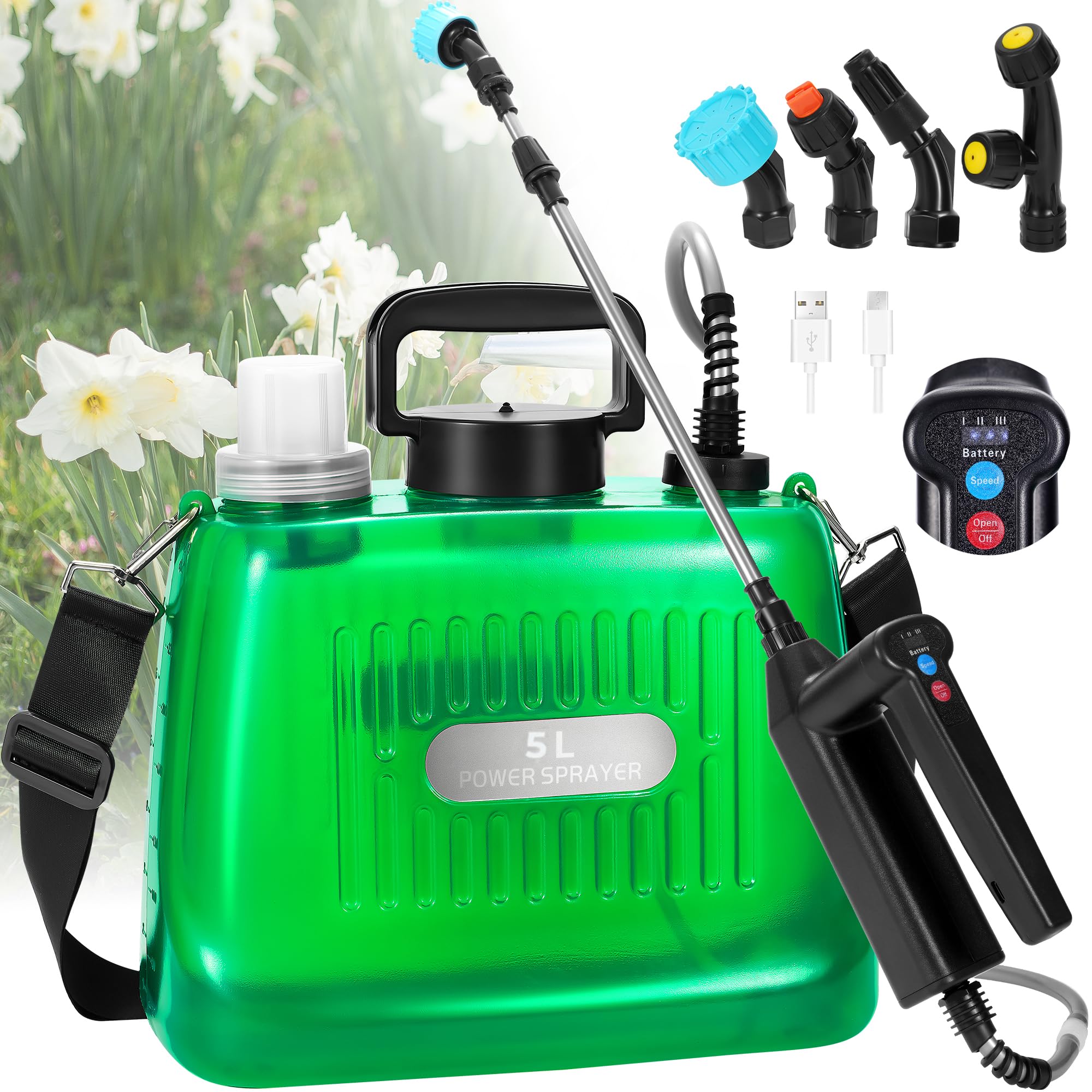 Pulverisateur de Jardin 5L, Pulverisateur Électrique à Batterie Pression avec 4 Buses Réglable, Indicateur du Niveau de Batterie, 3 Vitesses Réglables, USB Rechargeable pour Arrosage (5L)